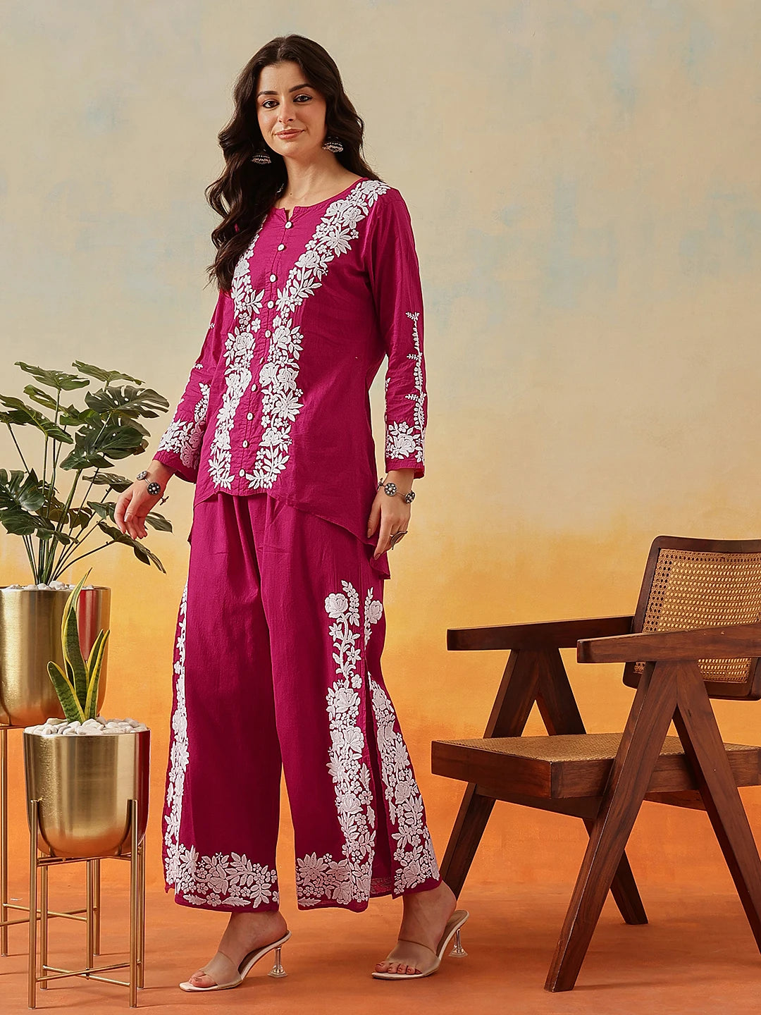 Ada Hand Embroidered Magenta Cotton Lucknowi Chikankari Co-Ord Set A811339