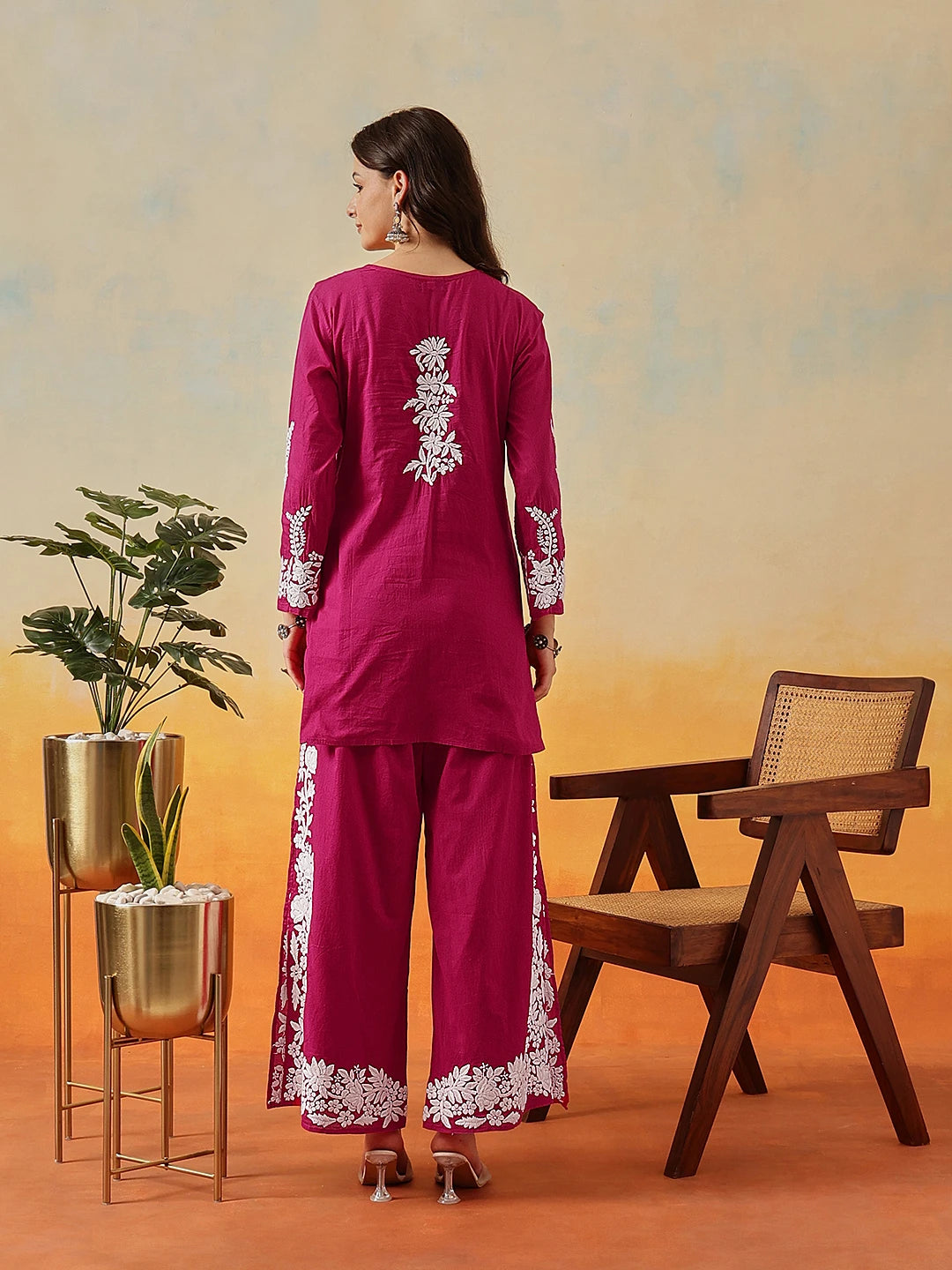 Ada Hand Embroidered Magenta Cotton Lucknowi Chikankari Co-Ord Set A811339