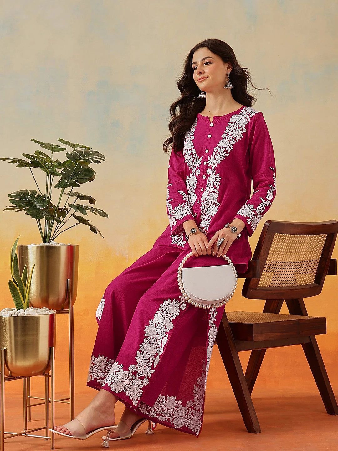 Ada Hand Embroidered Magenta Cotton Lucknowi Chikankari Co-Ord Set A811339