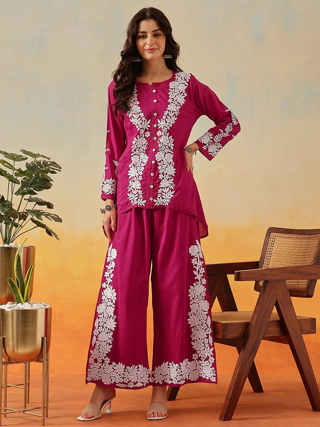 Ada Hand Embroidered Magenta Cotton Lucknowi Chikankari Co-Ord Set A811339