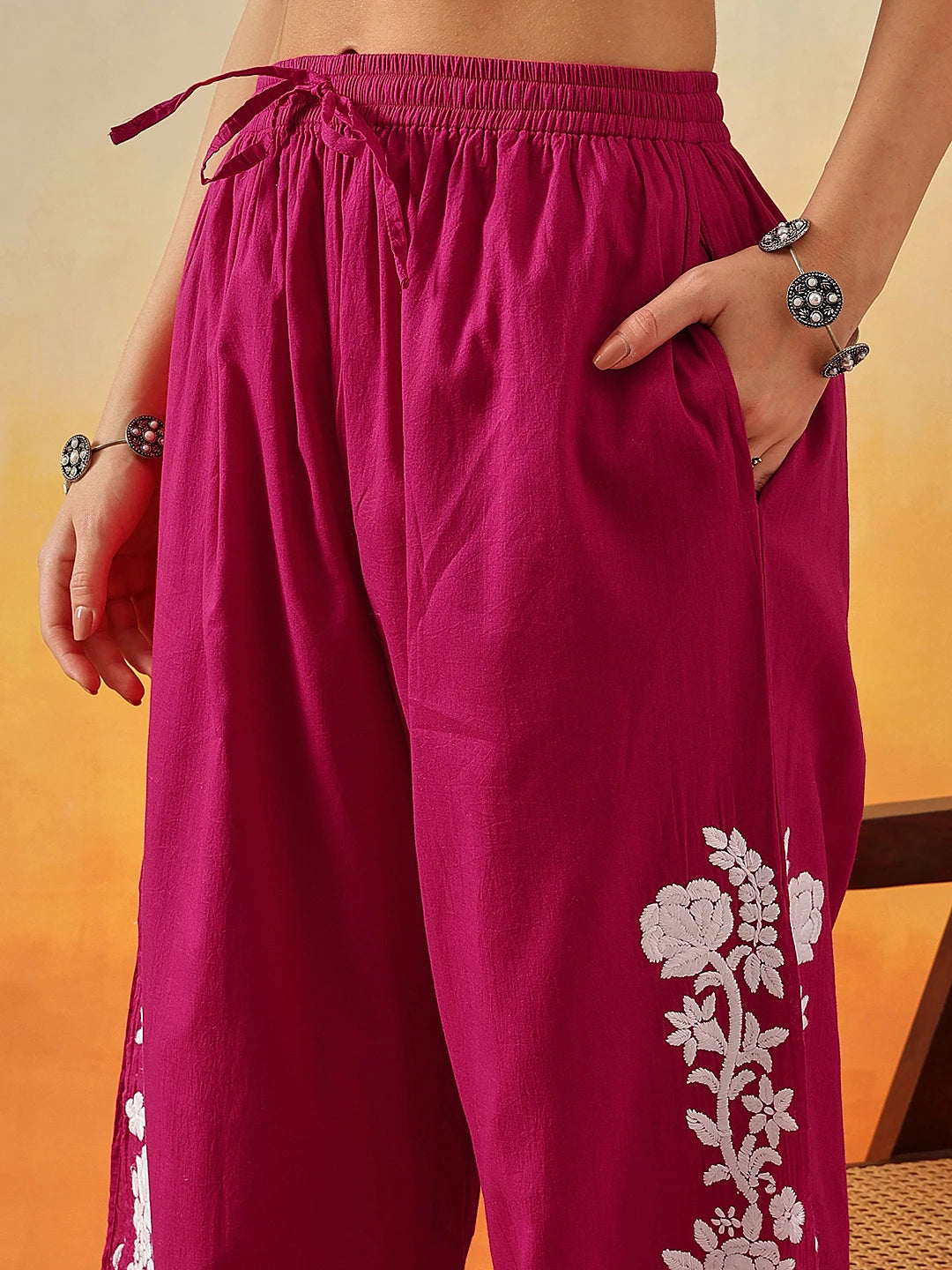 Ada Hand Embroidered Magenta Cotton Lucknowi Chikankari Co-Ord Set A811339