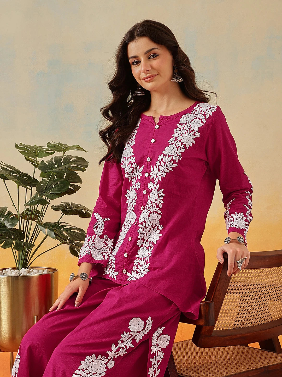 Ada Hand Embroidered Magenta Cotton Lucknowi Chikankari Co-Ord Set A811339