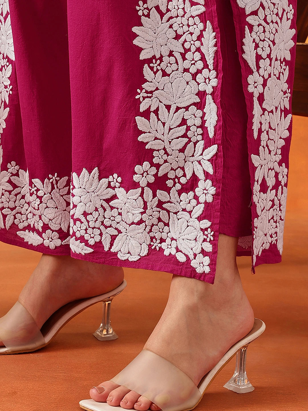 Ada Hand Embroidered Magenta Cotton Lucknowi Chikankari Co-Ord Set A811339