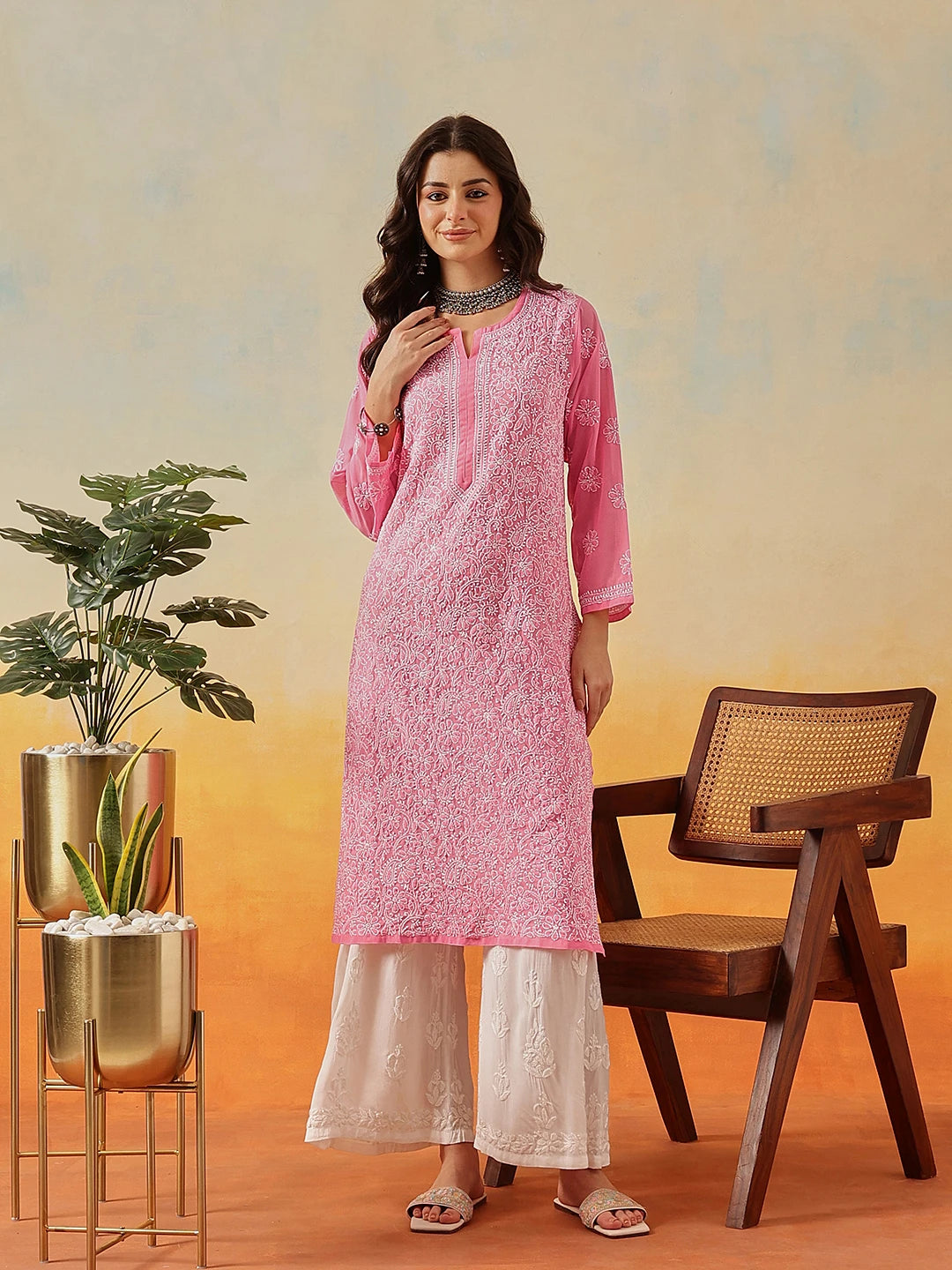 Ada Hand Embroidered Pink Georgette Lucknowi Chikankari Straight Kurta A95492