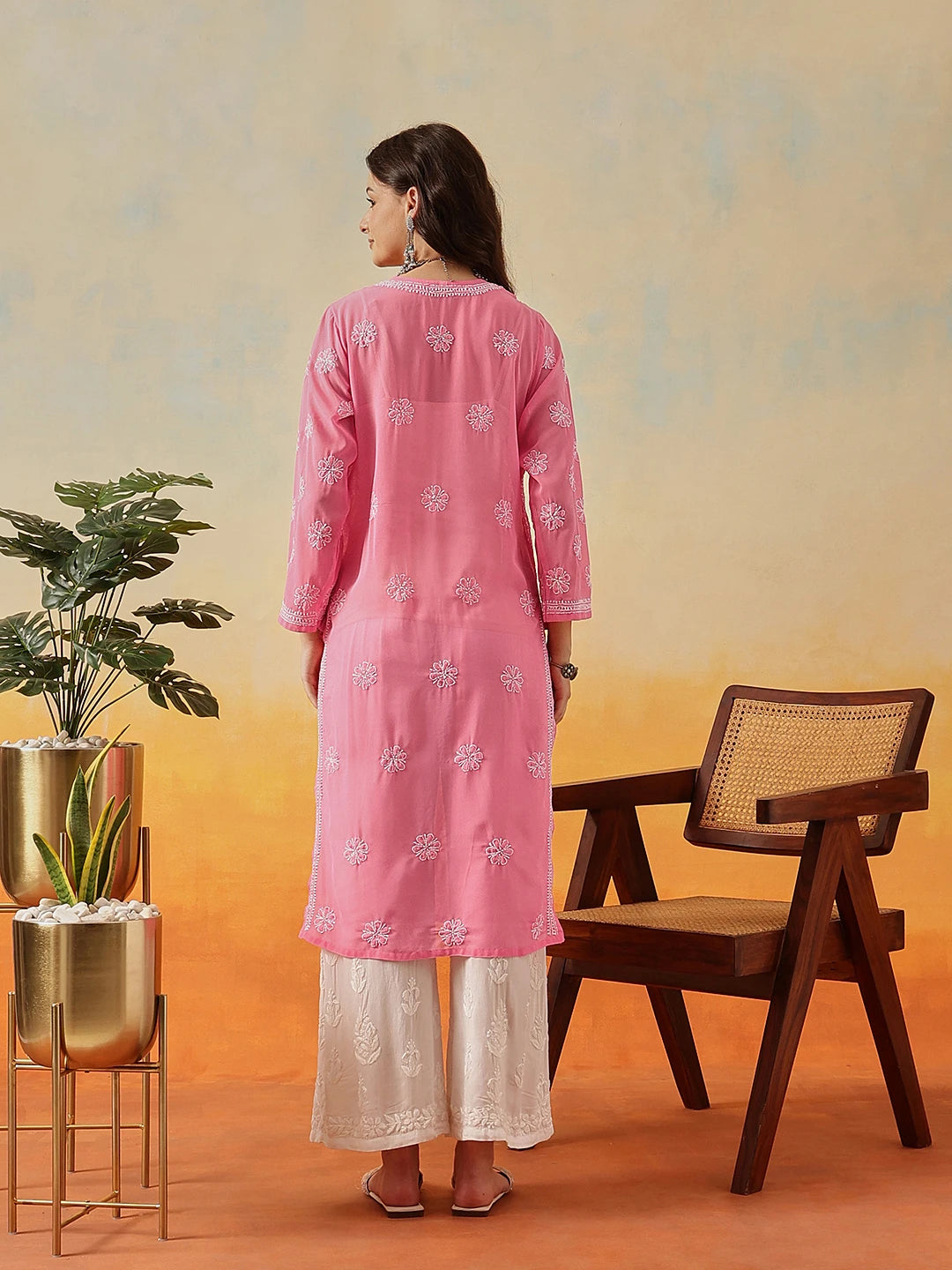 Ada Hand Embroidered Pink Georgette Lucknowi Chikankari Straight Kurta A95492