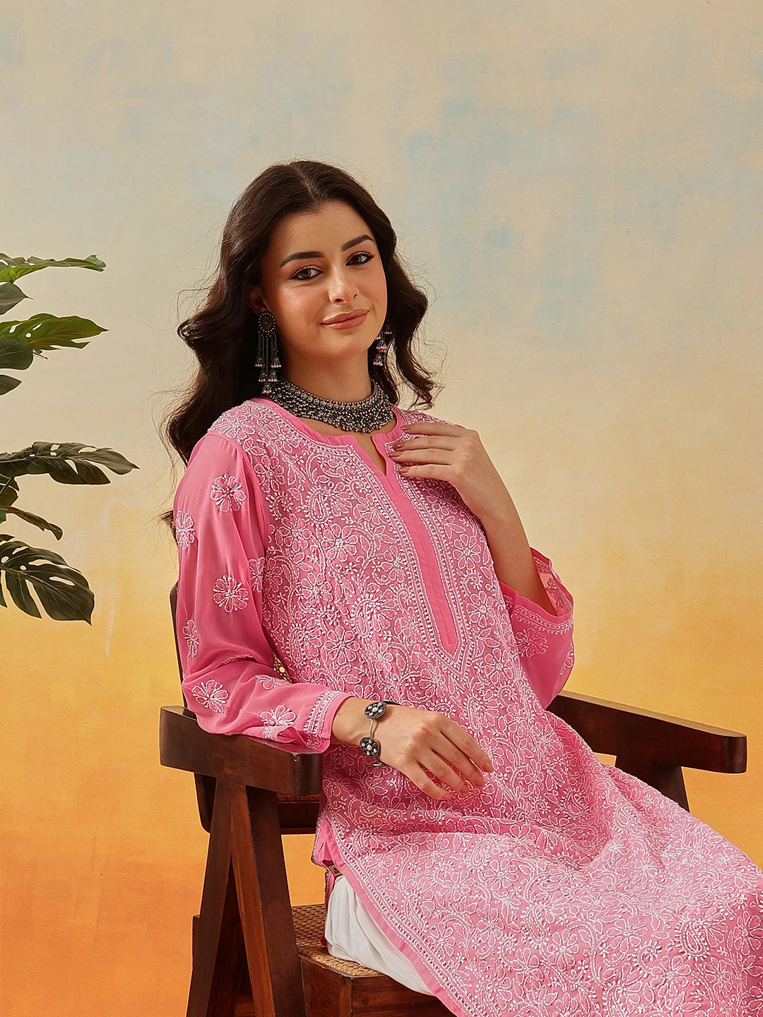 Ada Hand Embroidered Pink Georgette Lucknowi Chikankari Straight Kurta A95492