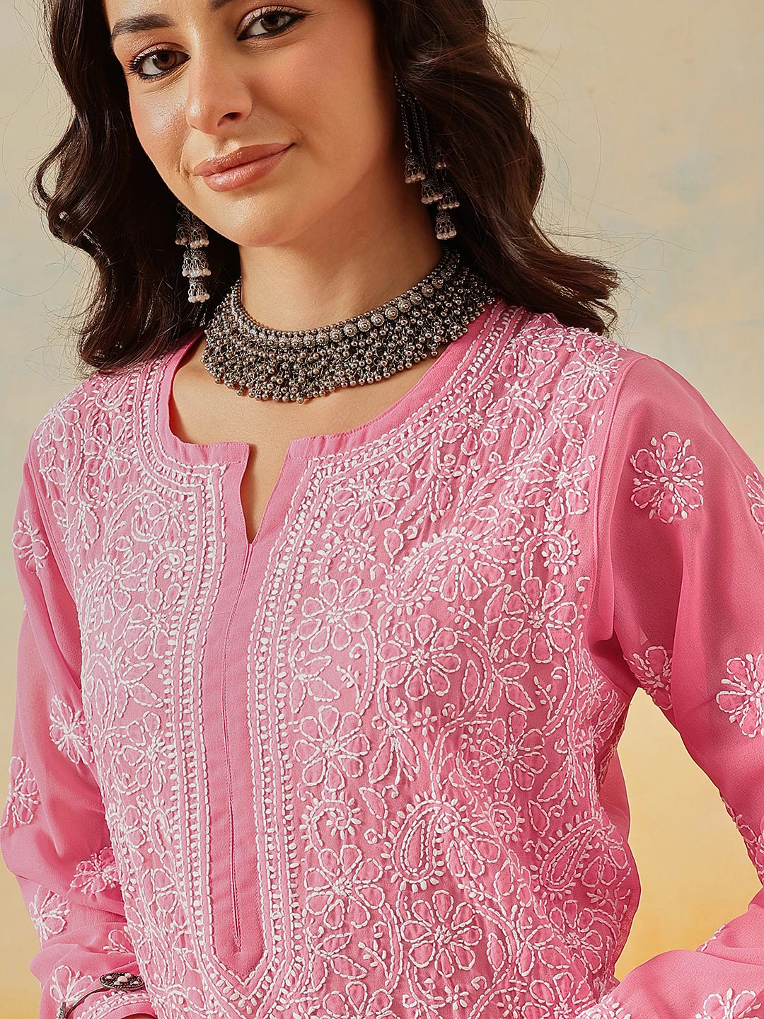 Ada Hand Embroidered Pink Georgette Lucknowi Chikankari Straight Kurta A95492