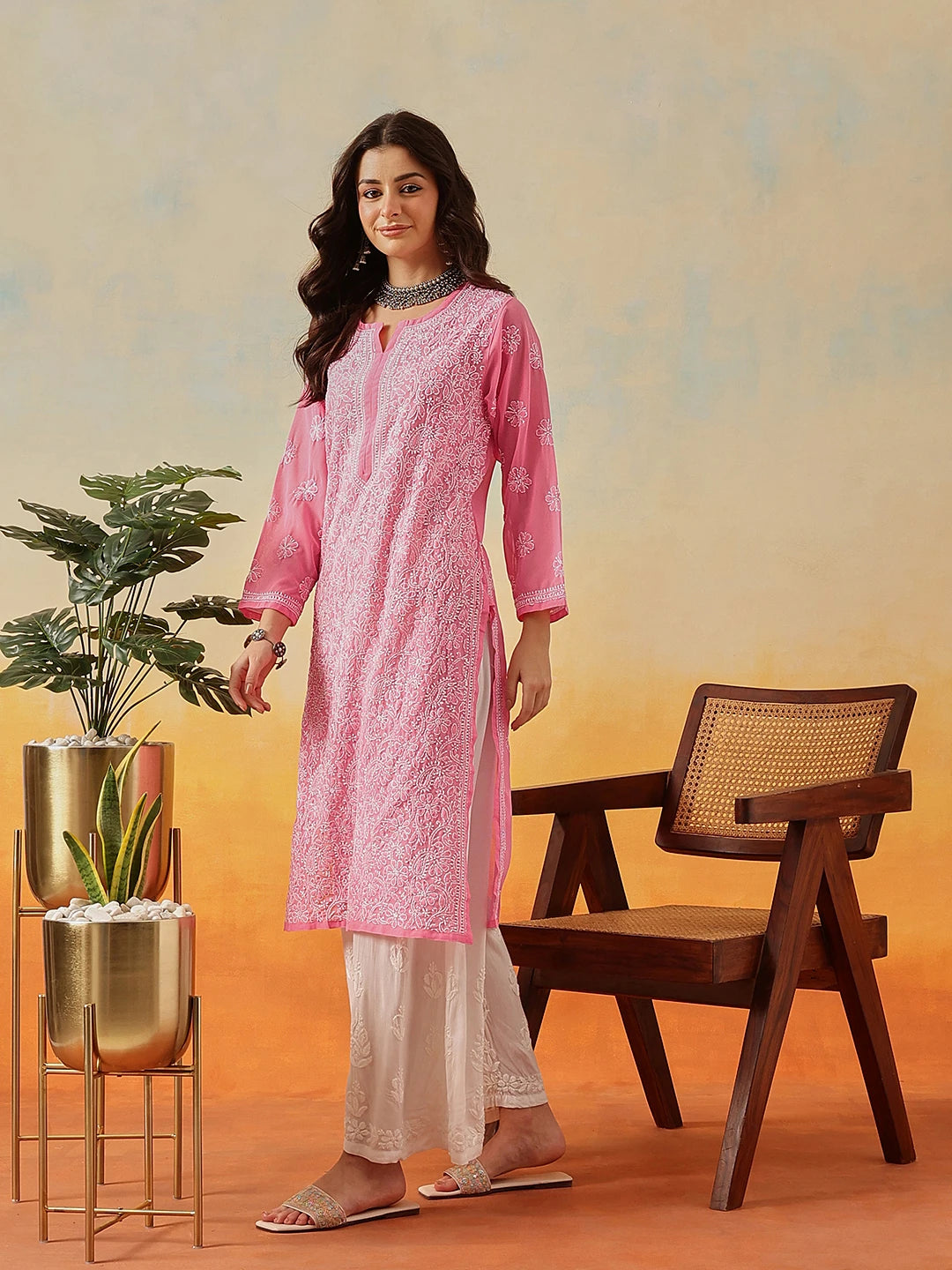 Ada Hand Embroidered Pink Georgette Lucknowi Chikankari Straight Kurta A95492