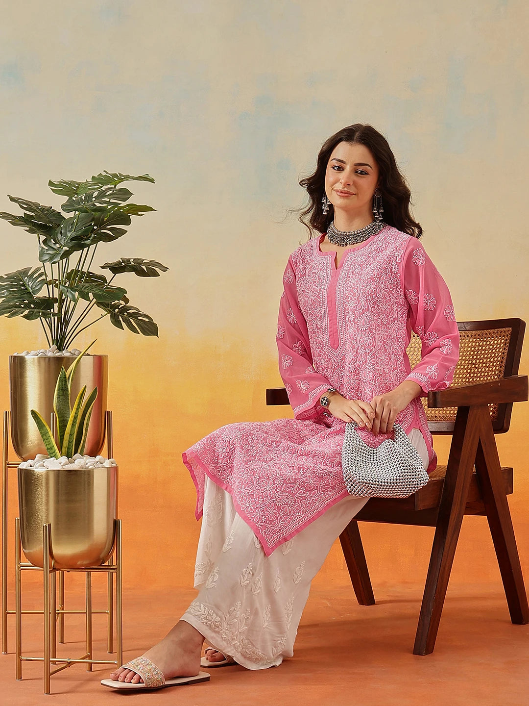 Ada Hand Embroidered Pink Georgette Lucknowi Chikankari Straight Kurta A95492