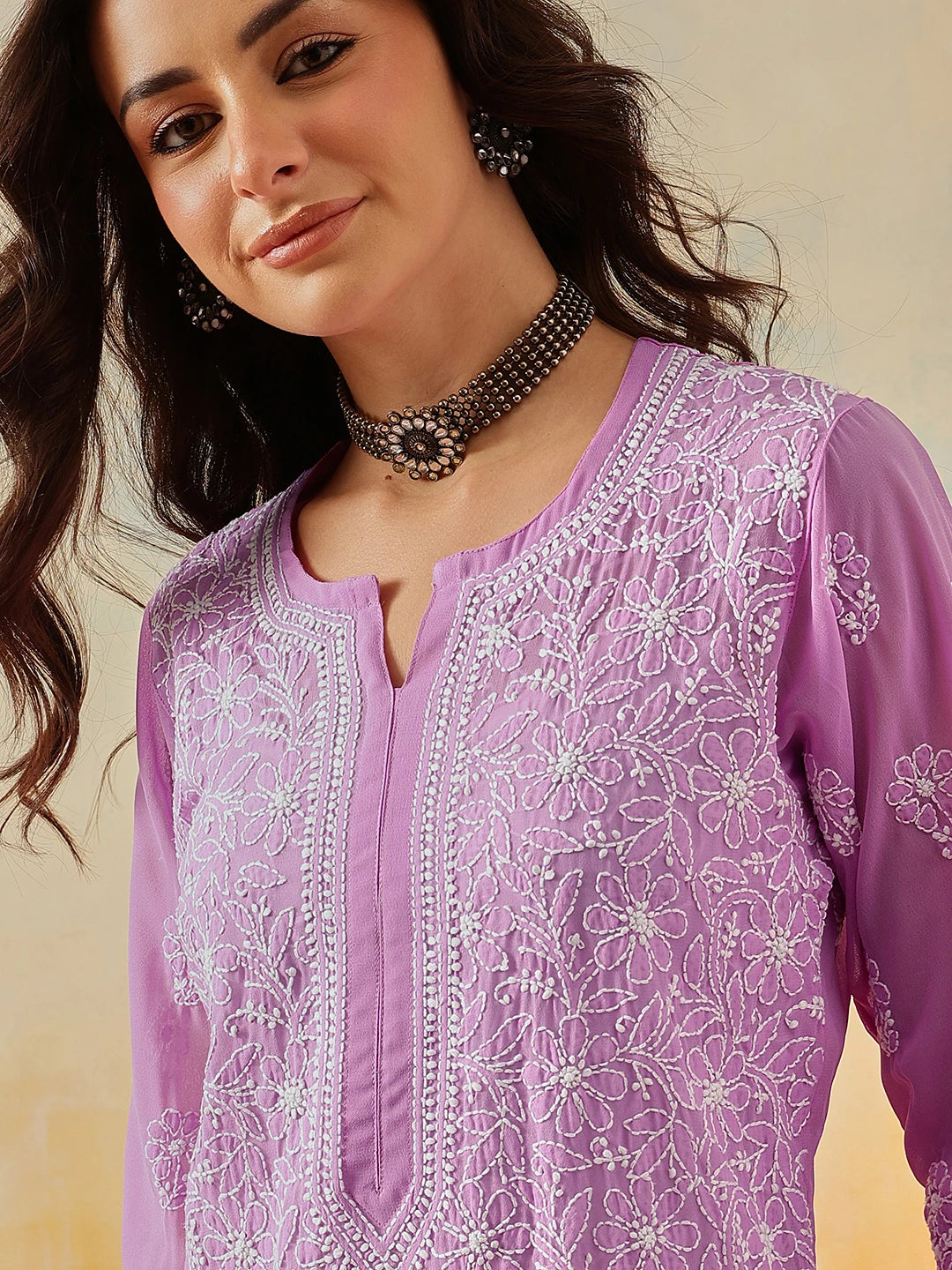 Ada Hand Embroidered Lavender Georgette Lucknowi Chikankari Straight Kurta A100286