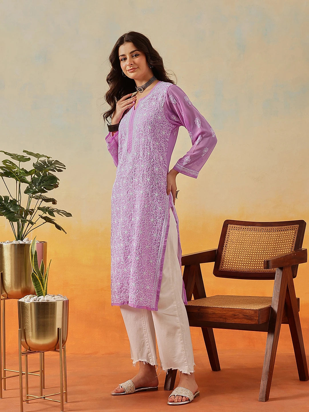 Ada Hand Embroidered Lavender Georgette Lucknowi Chikankari Straight Kurta A100286