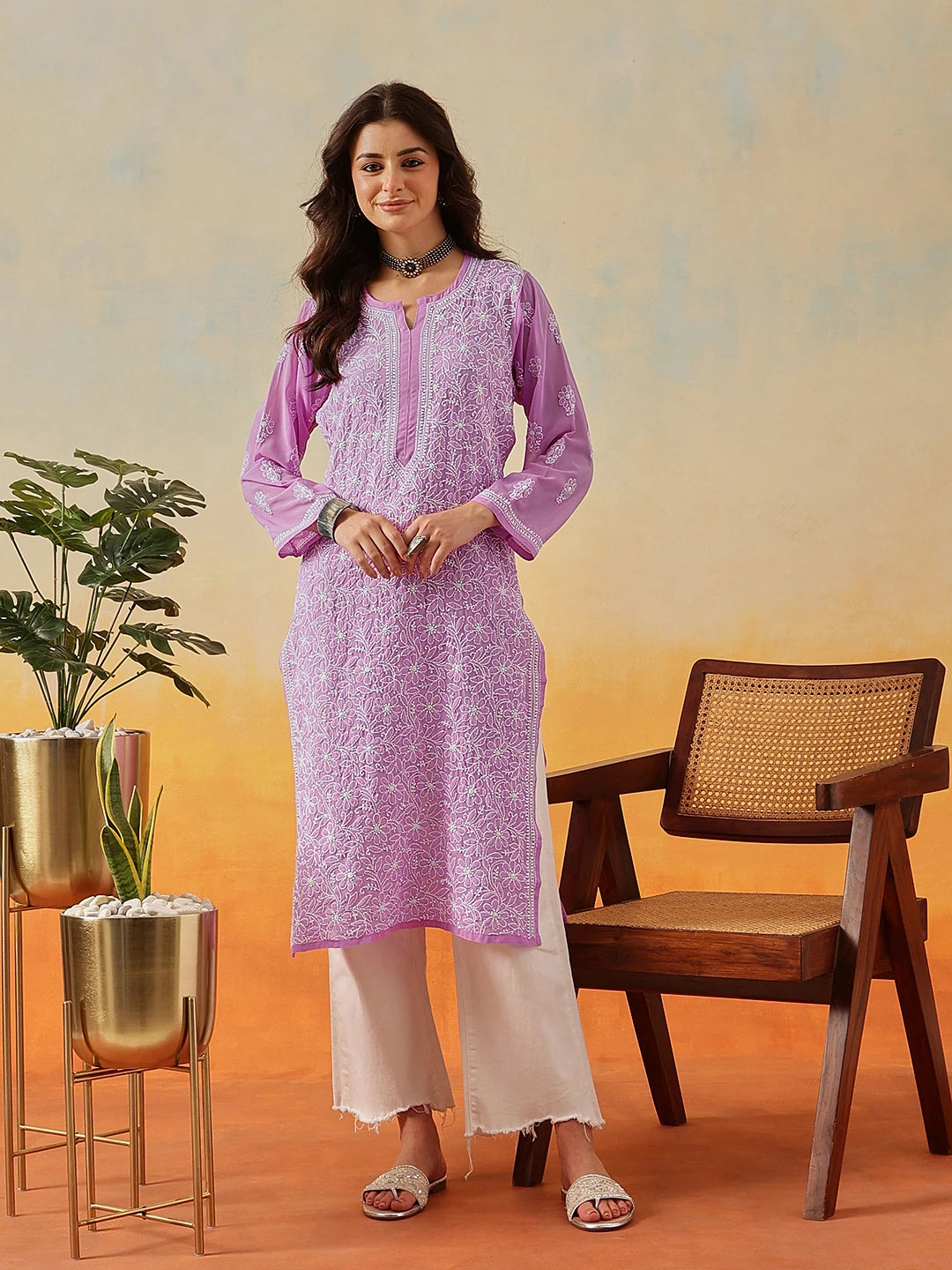 Ada Hand Embroidered Lavender Georgette Lucknowi Chikankari Straight Kurta A100286