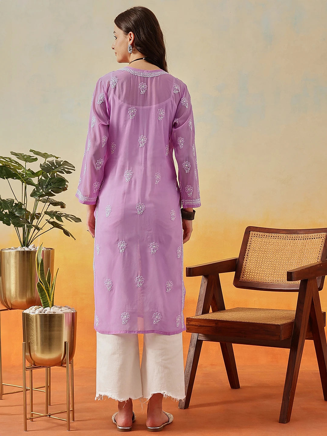 Ada Hand Embroidered Lavender Georgette Lucknowi Chikankari Straight Kurta A100286