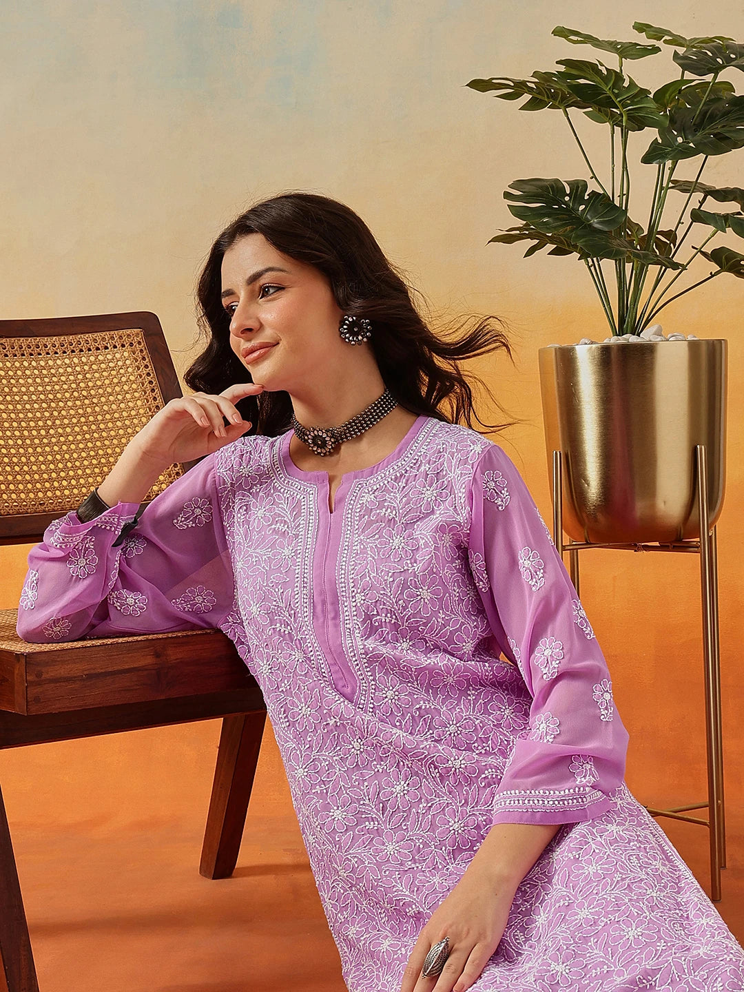 Ada Lavender Georgette Chikankari Straight Kurta – Ada Chikan