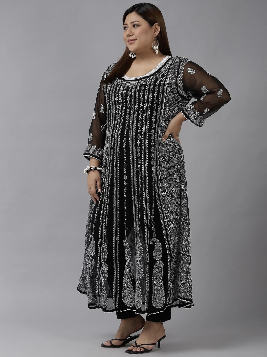 Ada Hand Embroidered Black Georgette Lucknowi Chikankari Anarkali A-line Kurta A411202