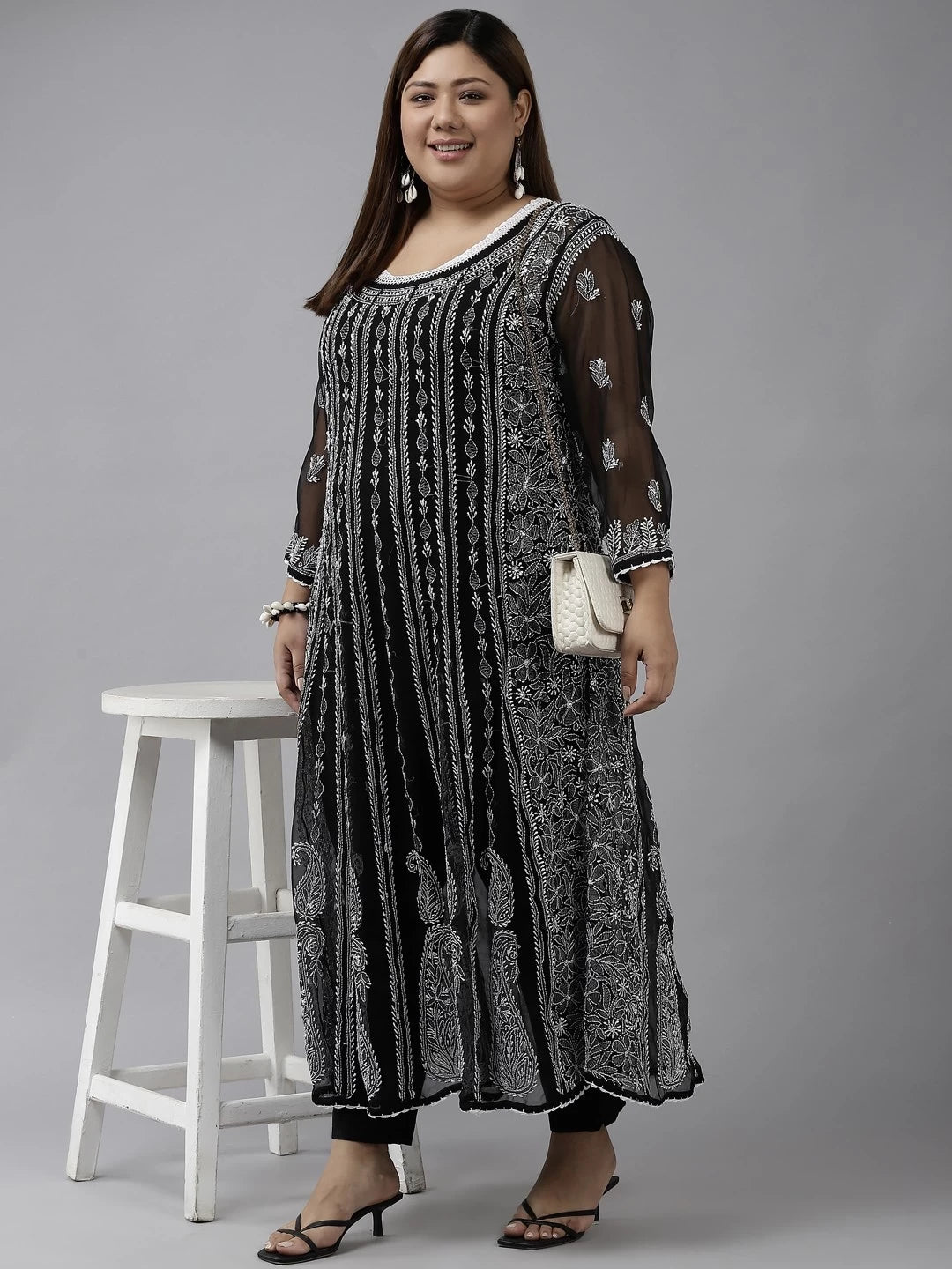Ada Hand Embroidered Black Georgette Lucknowi Chikankari Anarkali A-line Kurta A411202