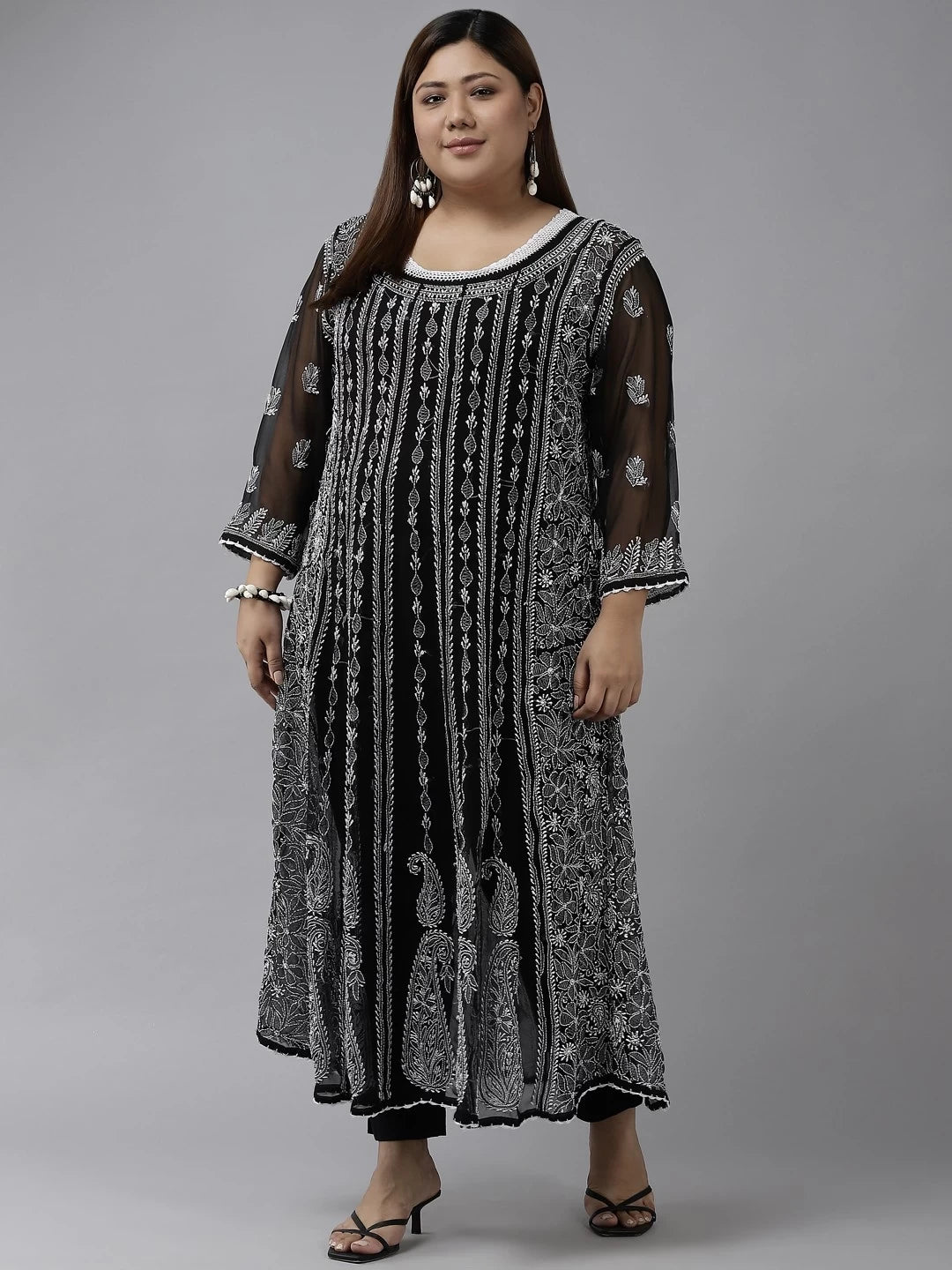 Ada Hand Embroidered Black Georgette Lucknowi Chikankari Anarkali A-line Kurta A411202