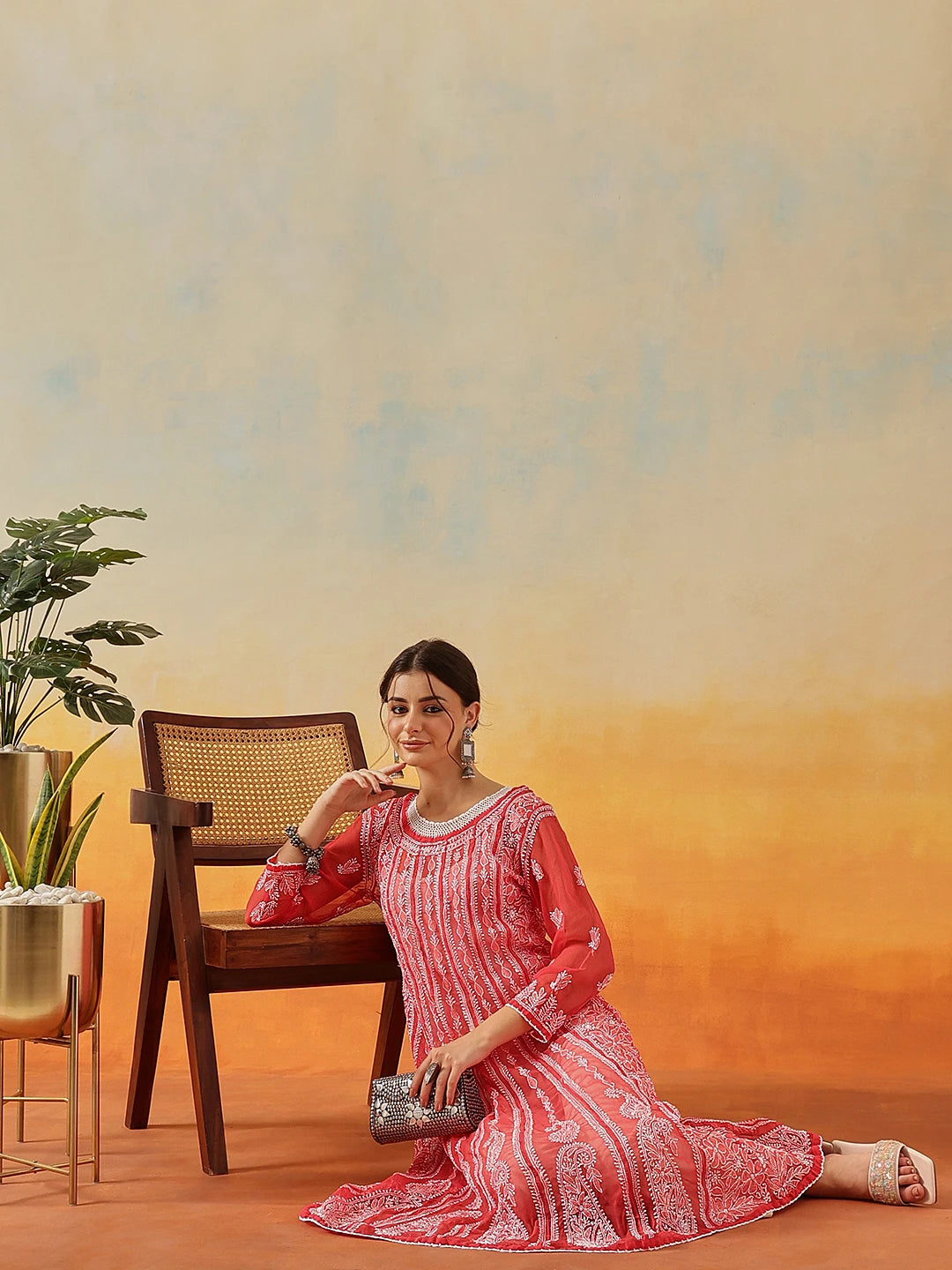 Ada Hand Embroidered Brick Red Georgette Lucknowi Chikankari Anarkali A-line Kurta A411207