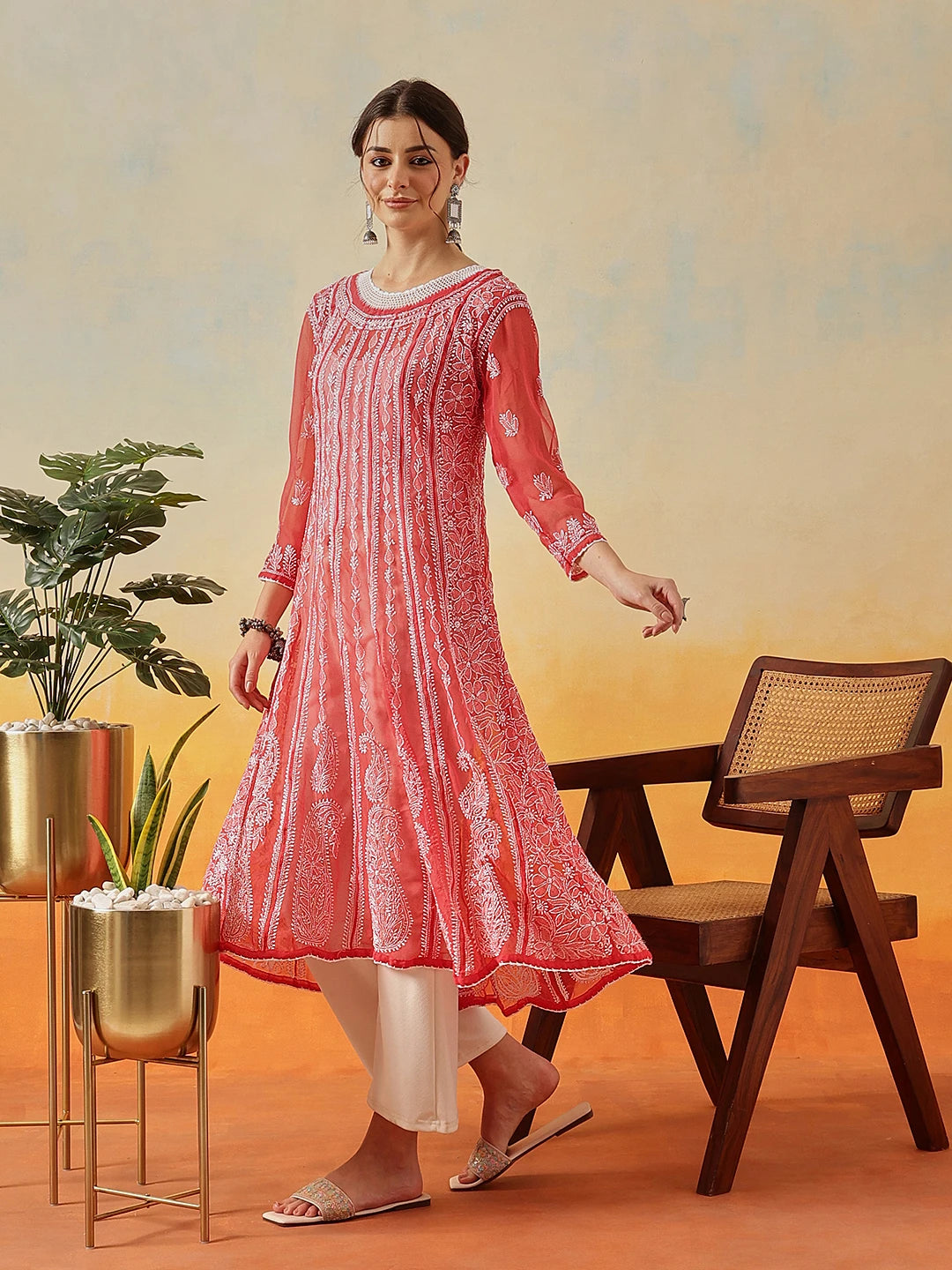Ada Hand Embroidered Brick Red Georgette Lucknowi Chikankari Anarkali A-line Kurta A411207