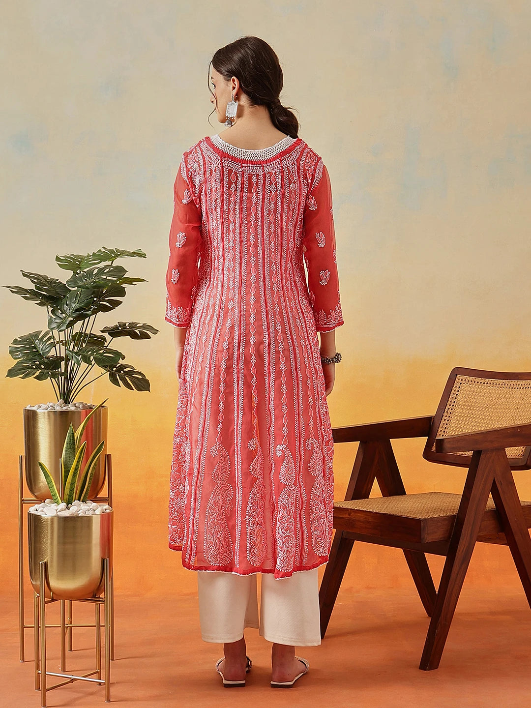 Ada Hand Embroidered Brick Red Georgette Lucknowi Chikankari Anarkali A-line Kurta A411207