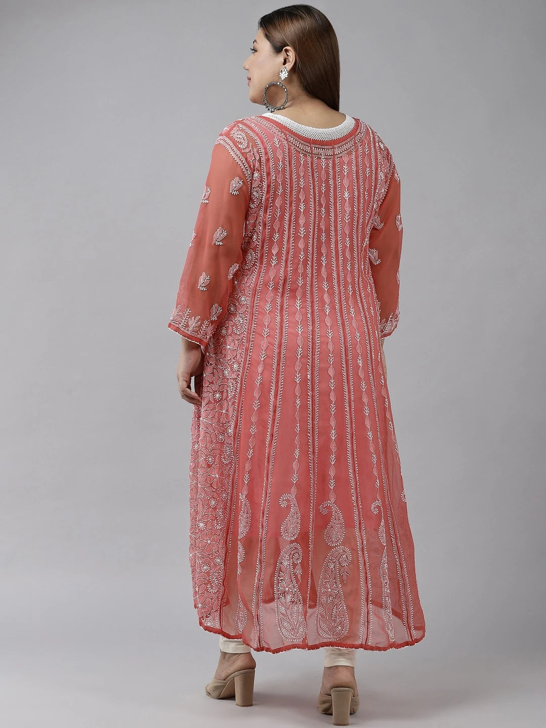 Ada Hand Embroidered Brick Red Georgette Lucknowi Chikankari Anarkali A-line Kurta A411207