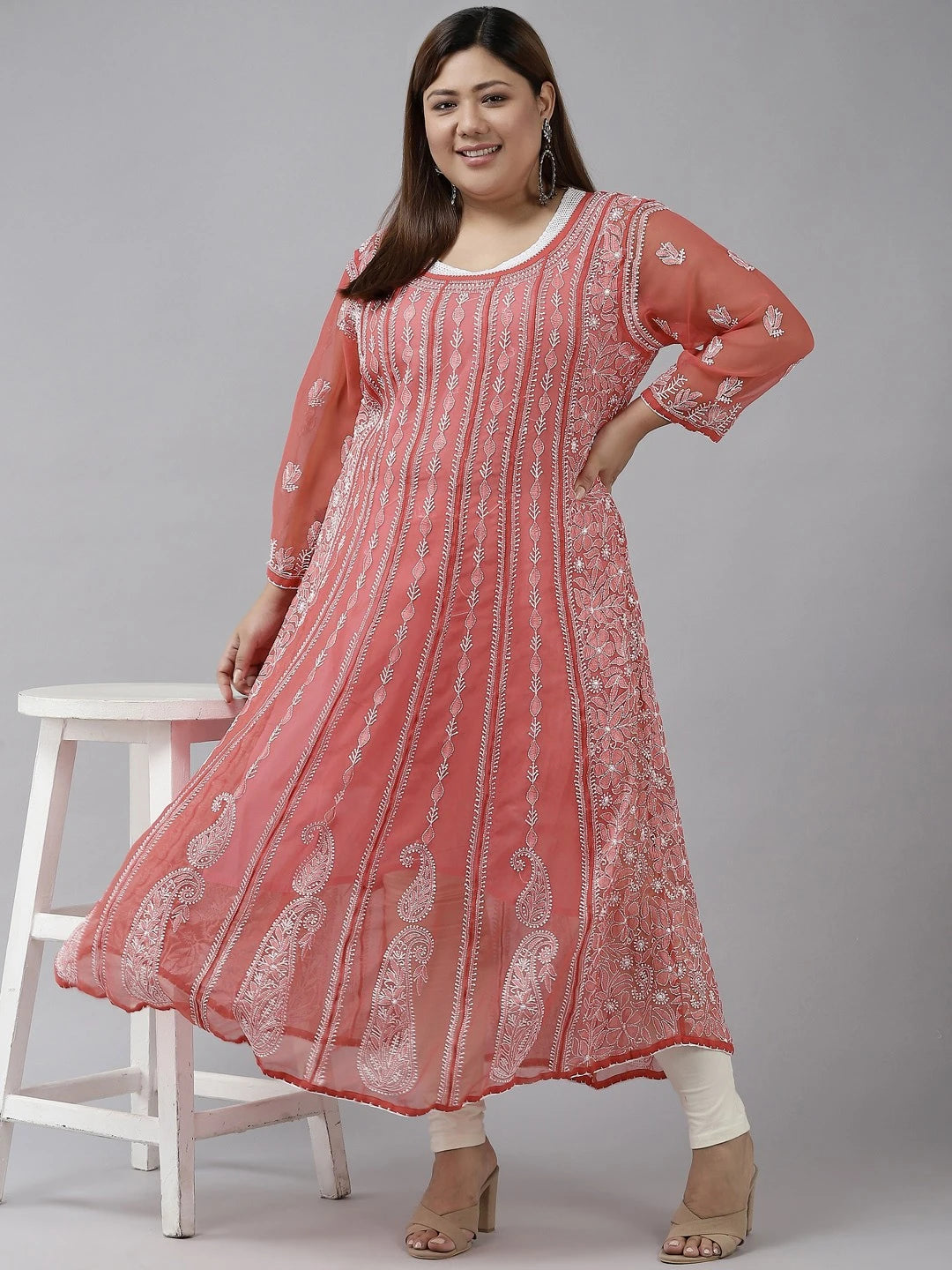 Ada Hand Embroidered Brick Red Georgette Lucknowi Chikankari Anarkali A-line Kurta A411207