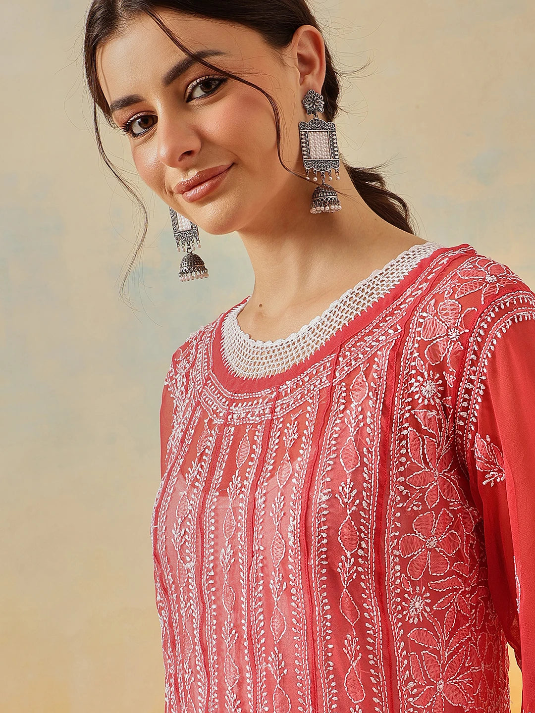 Ada Hand Embroidered Brick Red Georgette Lucknowi Chikankari Anarkali A-line Kurta A411207