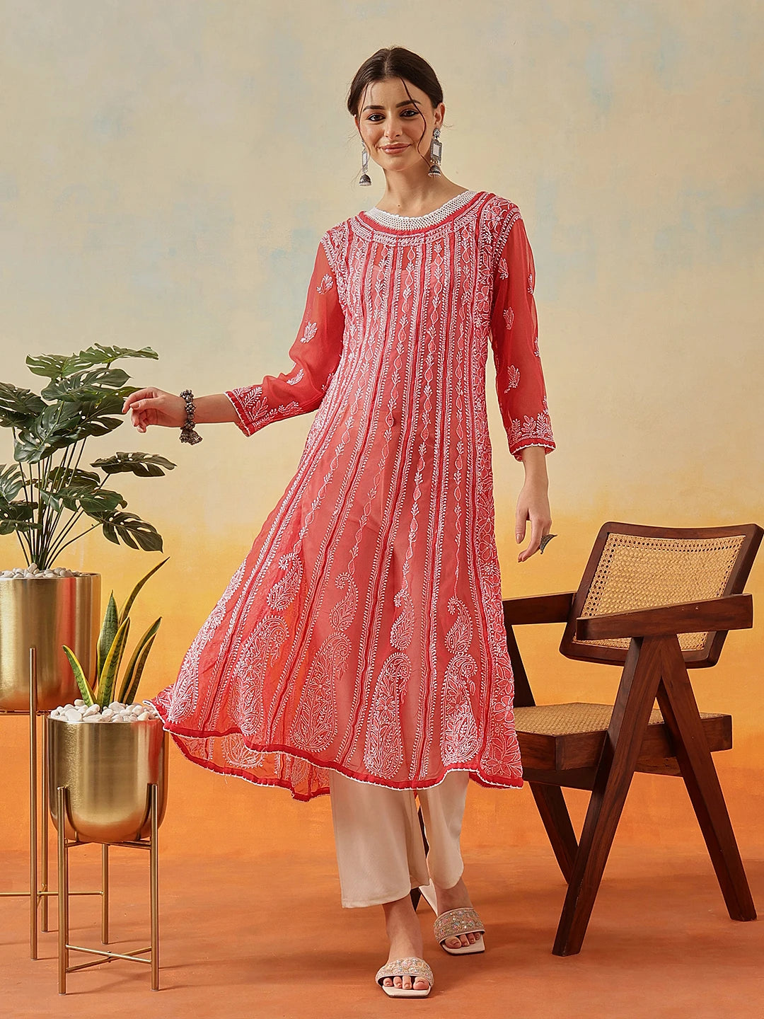 Ada Hand Embroidered Brick Red Georgette Lucknowi Chikankari Anarkali A-line Kurta A411207