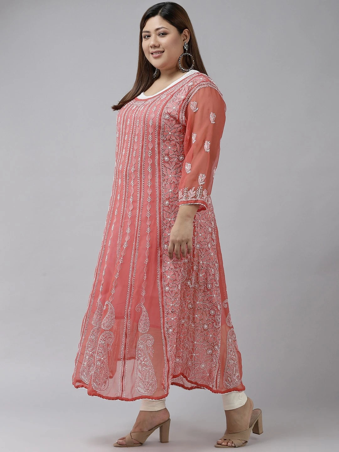 Ada Hand Embroidered Brick Red Georgette Lucknowi Chikankari Anarkali A-line Kurta A411207