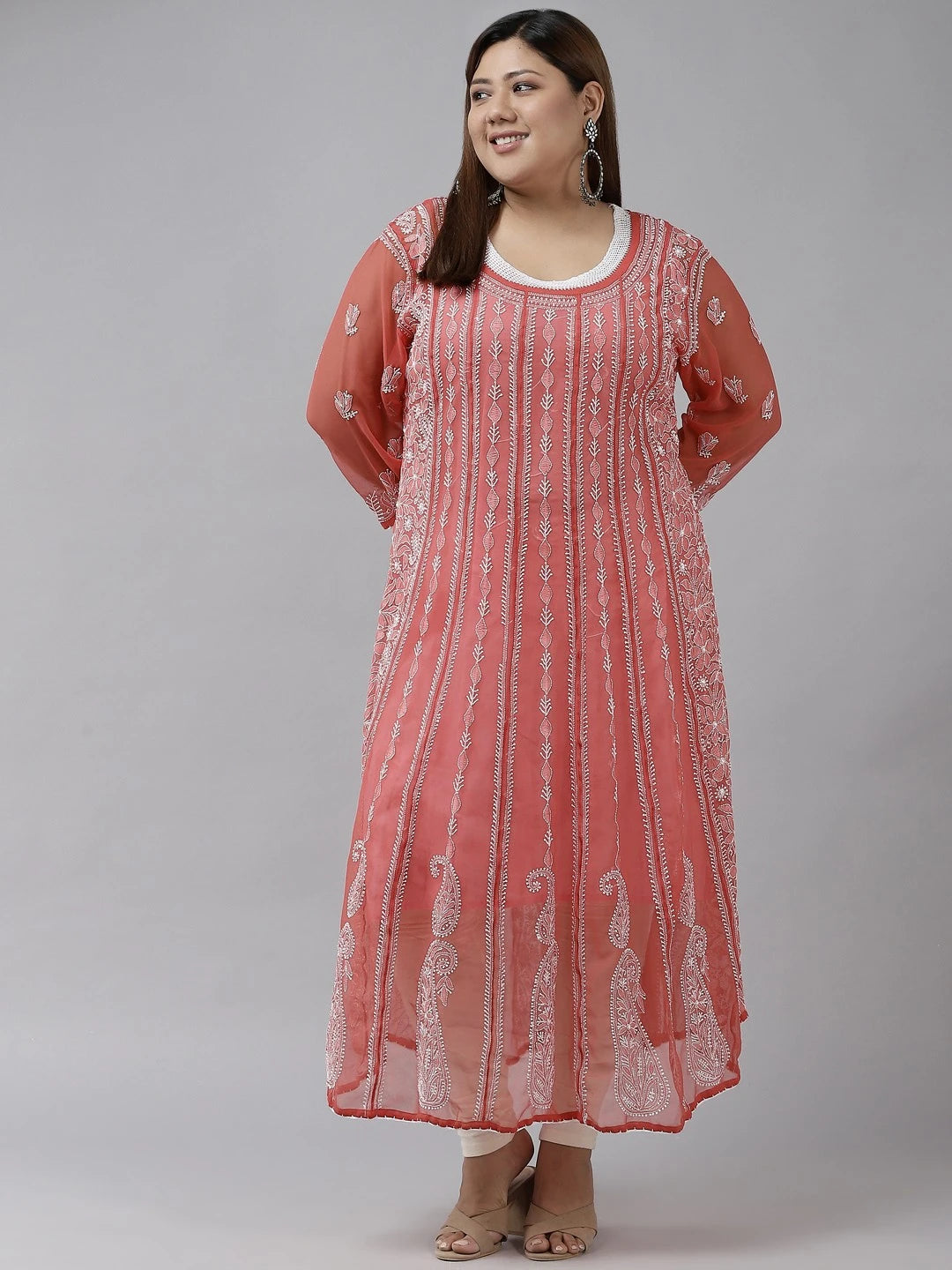 Ada Hand Embroidered Brick Red Georgette Lucknowi Chikankari Anarkali A-line Kurta A411207