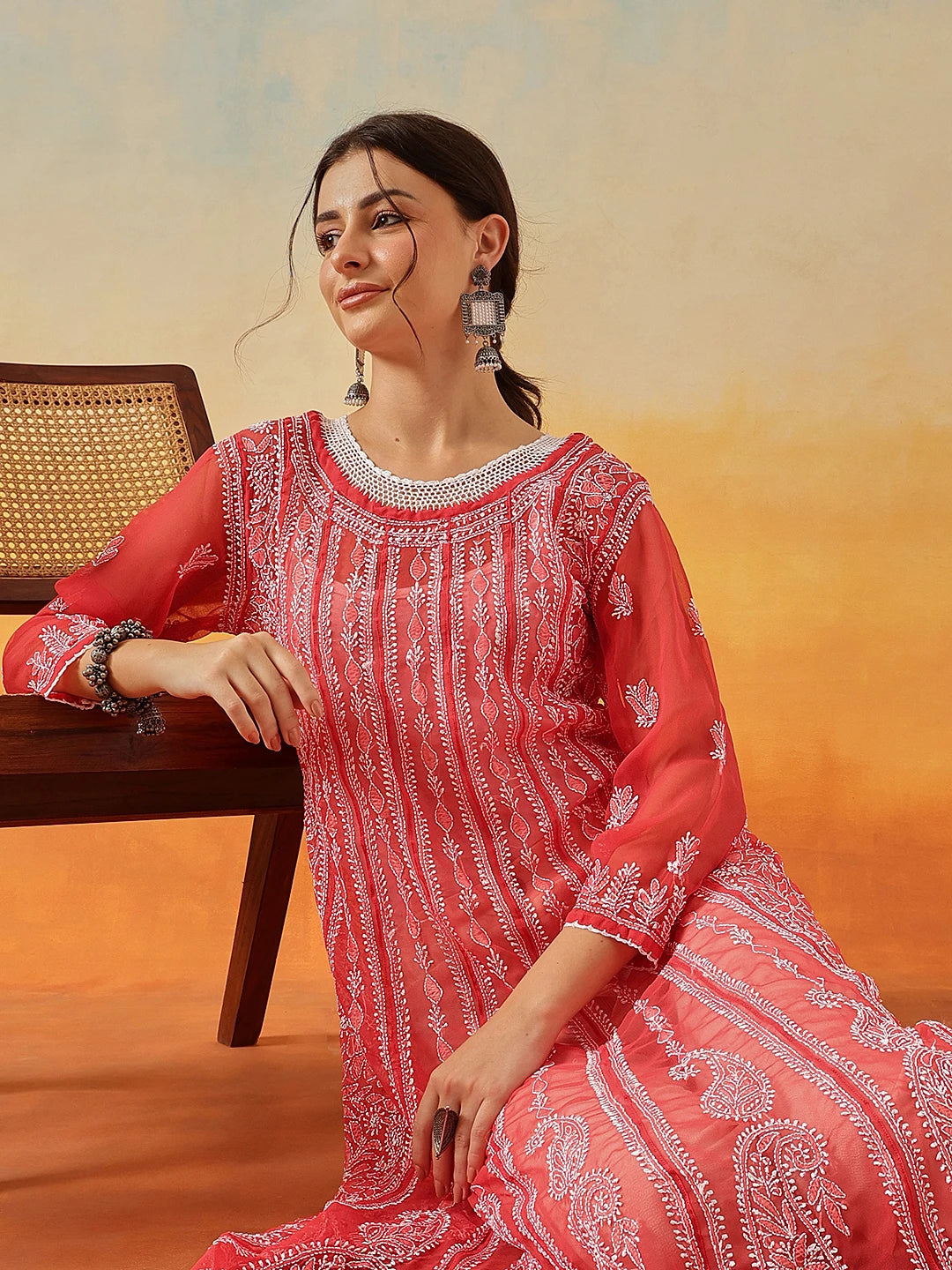 Ada Hand Embroidered Brick Red Georgette Lucknowi Chikankari Anarkali A-line Kurta A411207