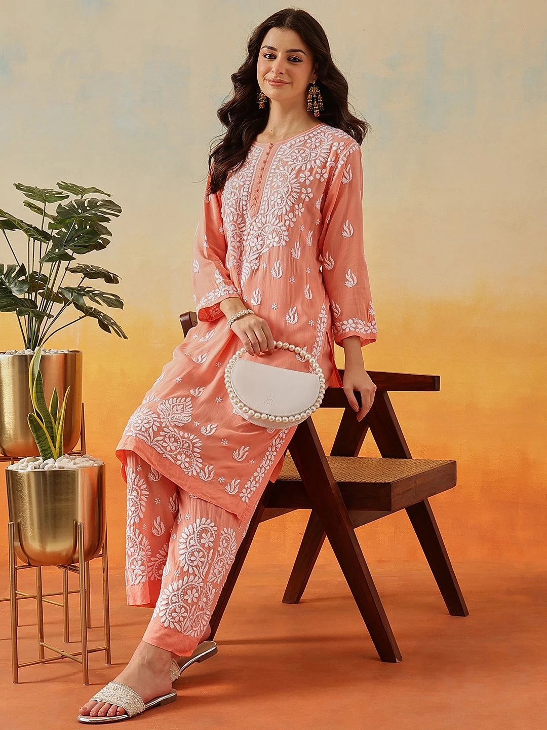 Ada Hand Embroidered Peach Modal Lucknowi Chikankari Co-ord Set A811287