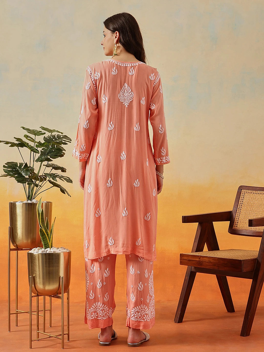 Ada Hand Embroidered Peach Modal Lucknowi Chikankari Co-ord Set A811287