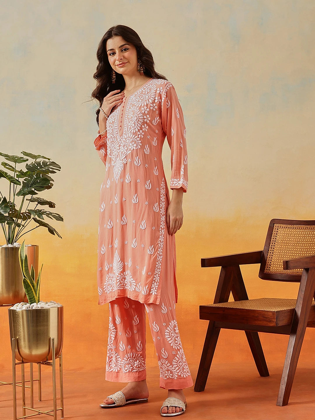 Ada Hand Embroidered Peach Modal Lucknowi Chikankari Co-ord Set A811287