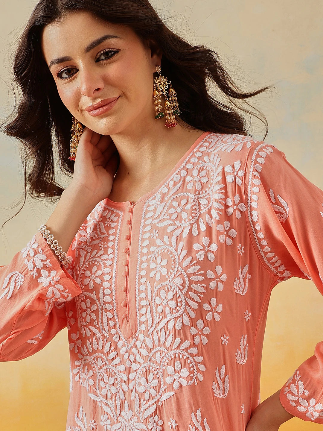 Ada Hand Embroidered Peach Modal Lucknowi Chikankari Co-ord Set A811287