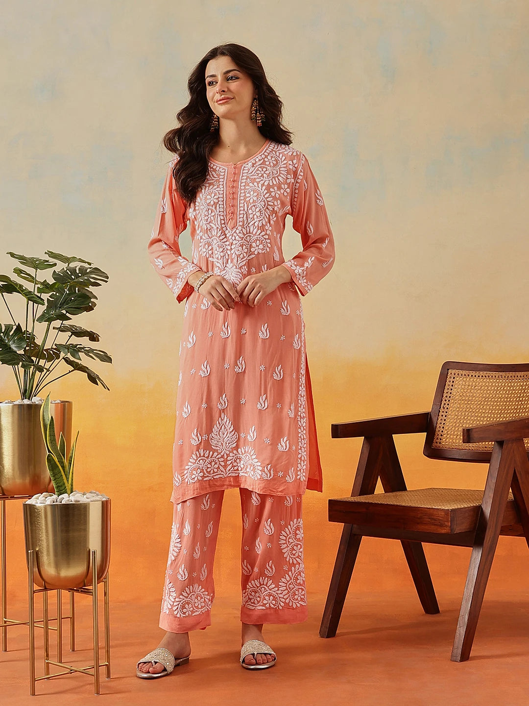 Ada Hand Embroidered Peach Modal Lucknowi Chikankari Co-ord Set A811287