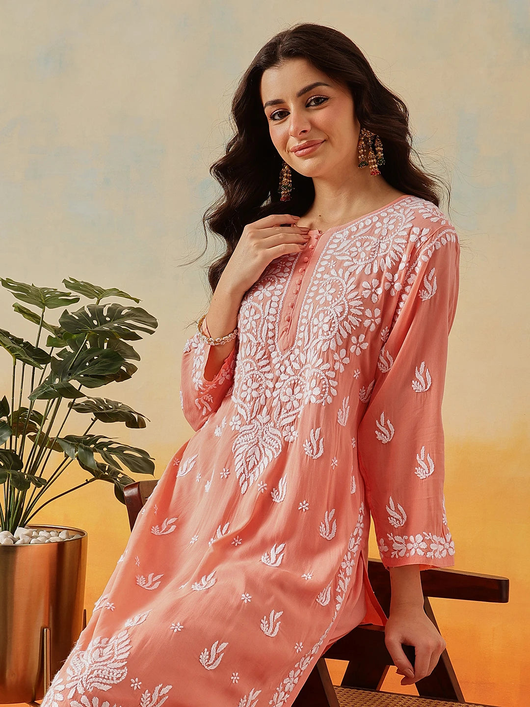 Ada Hand Embroidered Peach Modal Lucknowi Chikankari Co-ord Set A811287