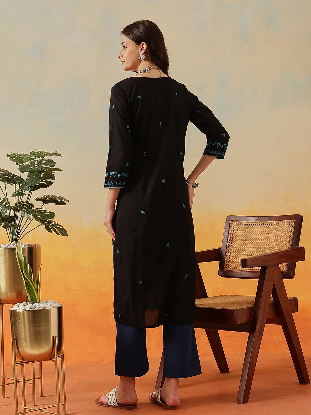 Ada Hand Embroidered Black Cotton Lucknowi Chikankari Straight Kurta A411472