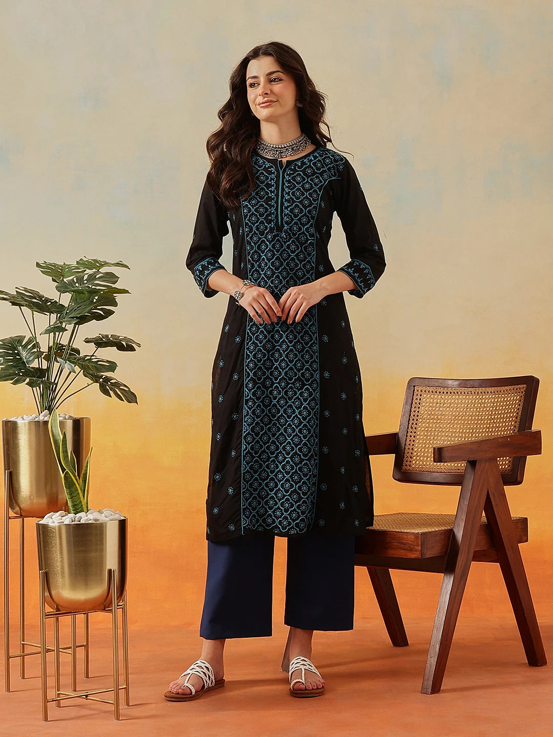 Ada Hand Embroidered Black Cotton Lucknowi Chikankari Straight Kurta A411472
