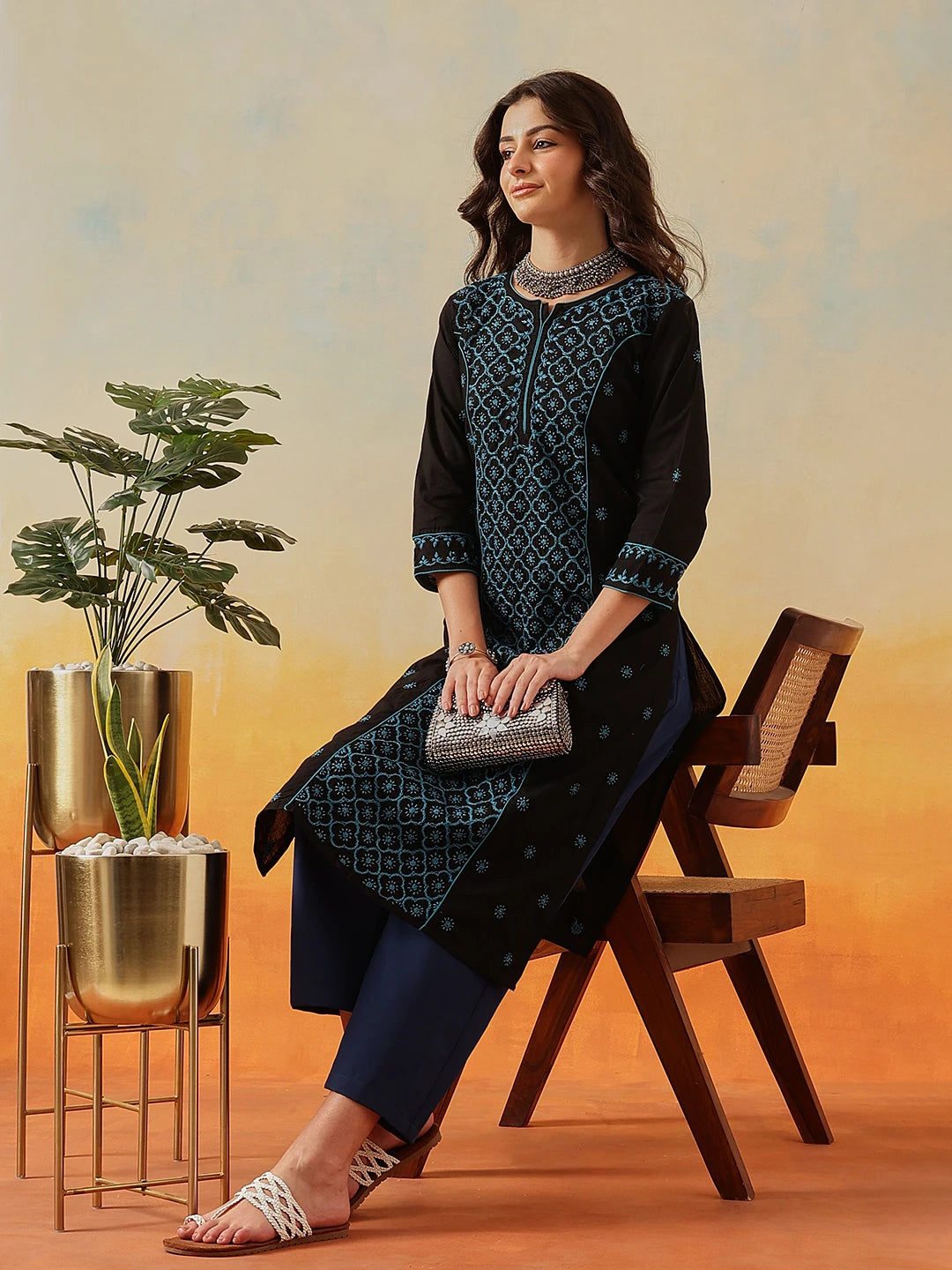 Ada Hand Embroidered Black Cotton Lucknowi Chikankari Straight Kurta A411472