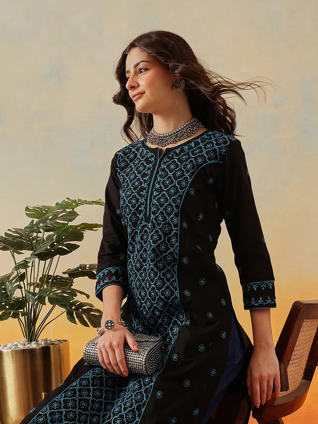 Ada Hand Embroidered Black Cotton Lucknowi Chikankari Straight Kurta A411472