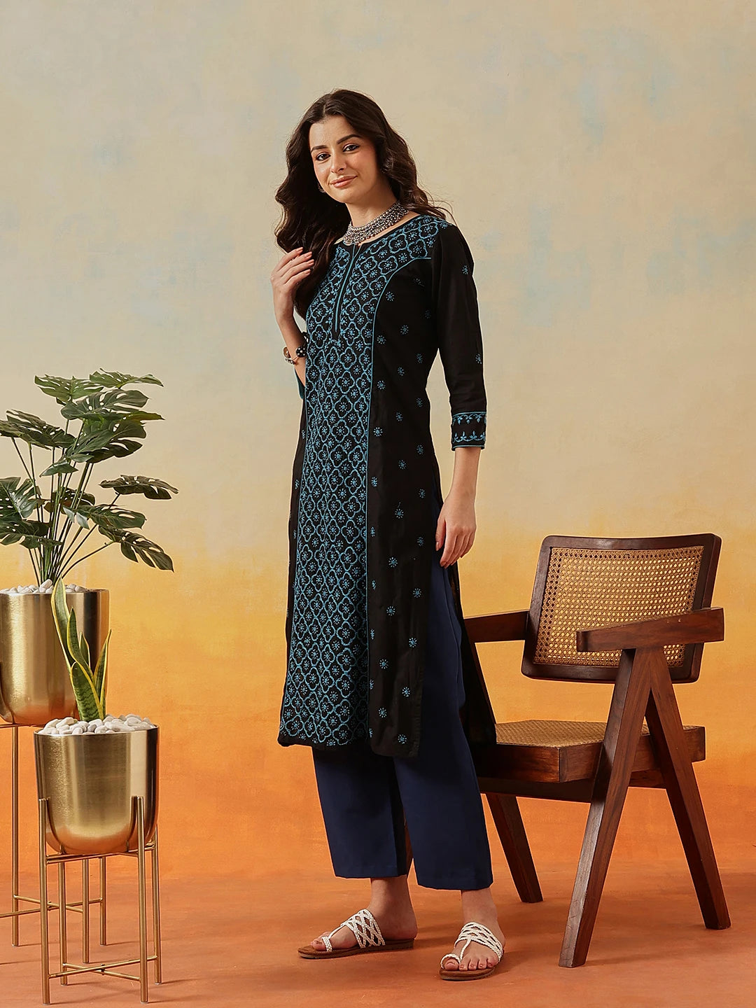 Ada Hand Embroidered Black Cotton Lucknowi Chikankari Straight Kurta A411472