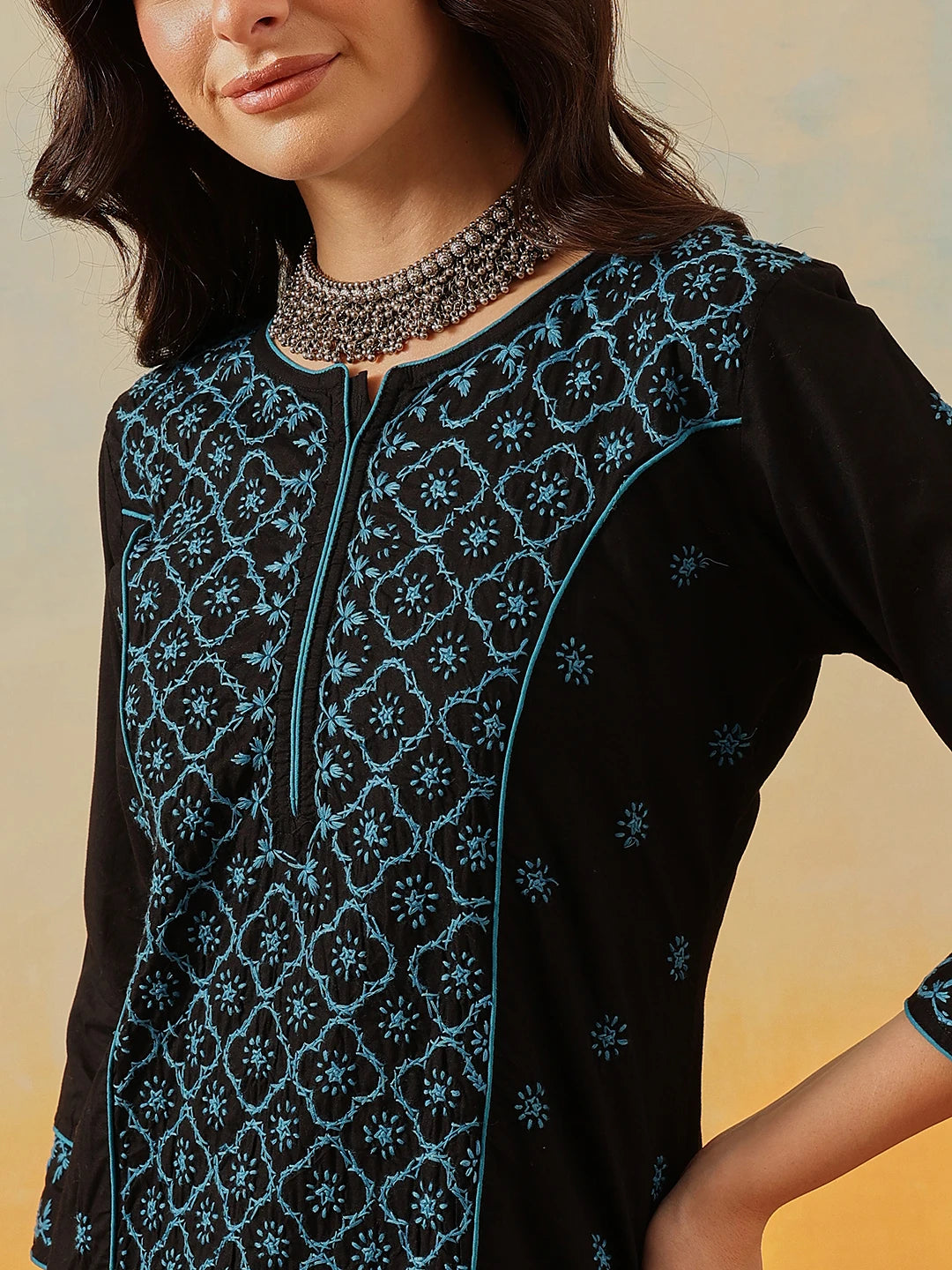 Ada Hand Embroidered Black Cotton Lucknowi Chikankari Straight Kurta A411472
