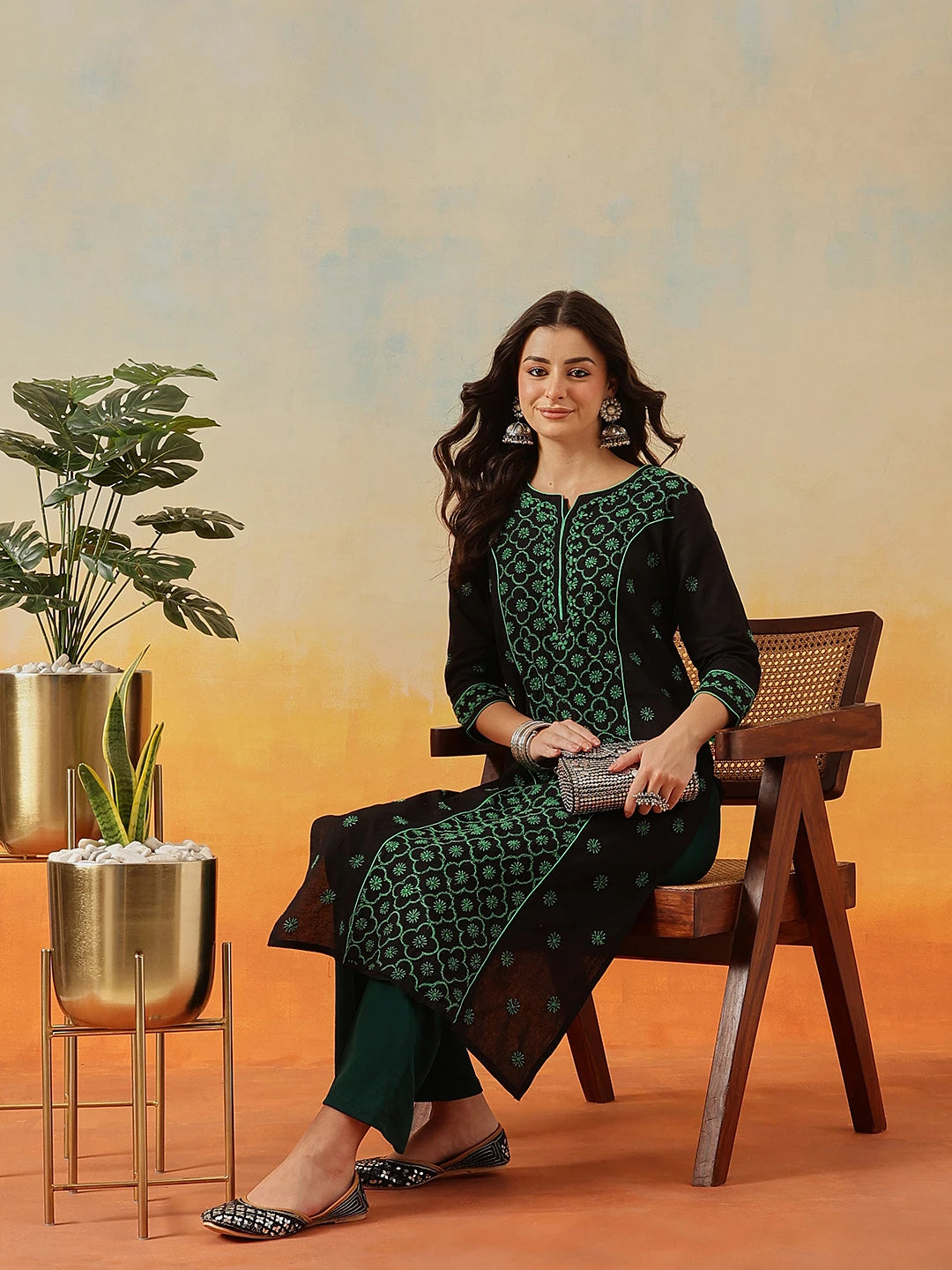 Ada Hand Embroidered Black Cotton Lucknowi Chikankari Straight Kurta A411482