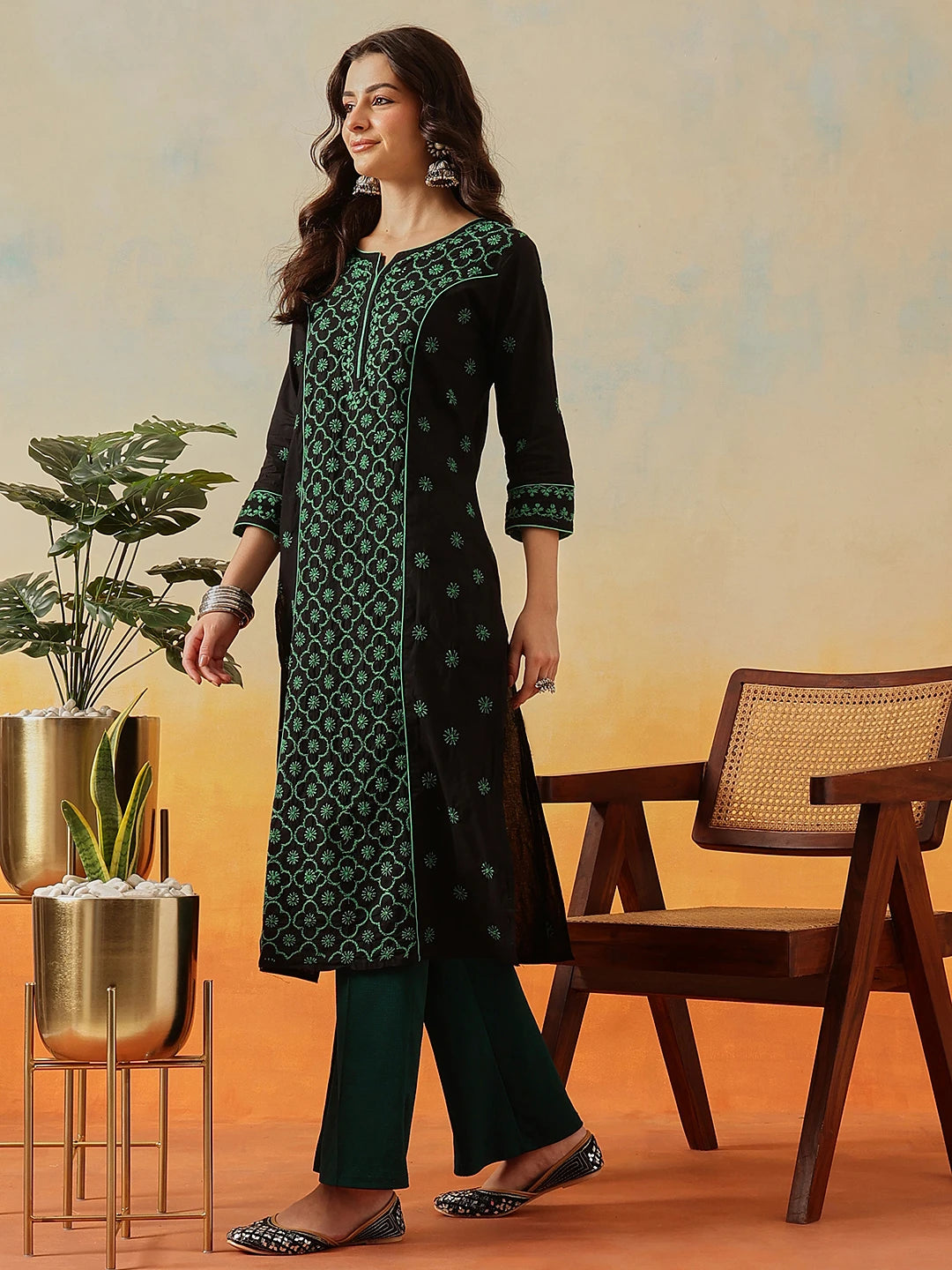 Ada Hand Embroidered Black Cotton Lucknowi Chikankari Straight Kurta A411482
