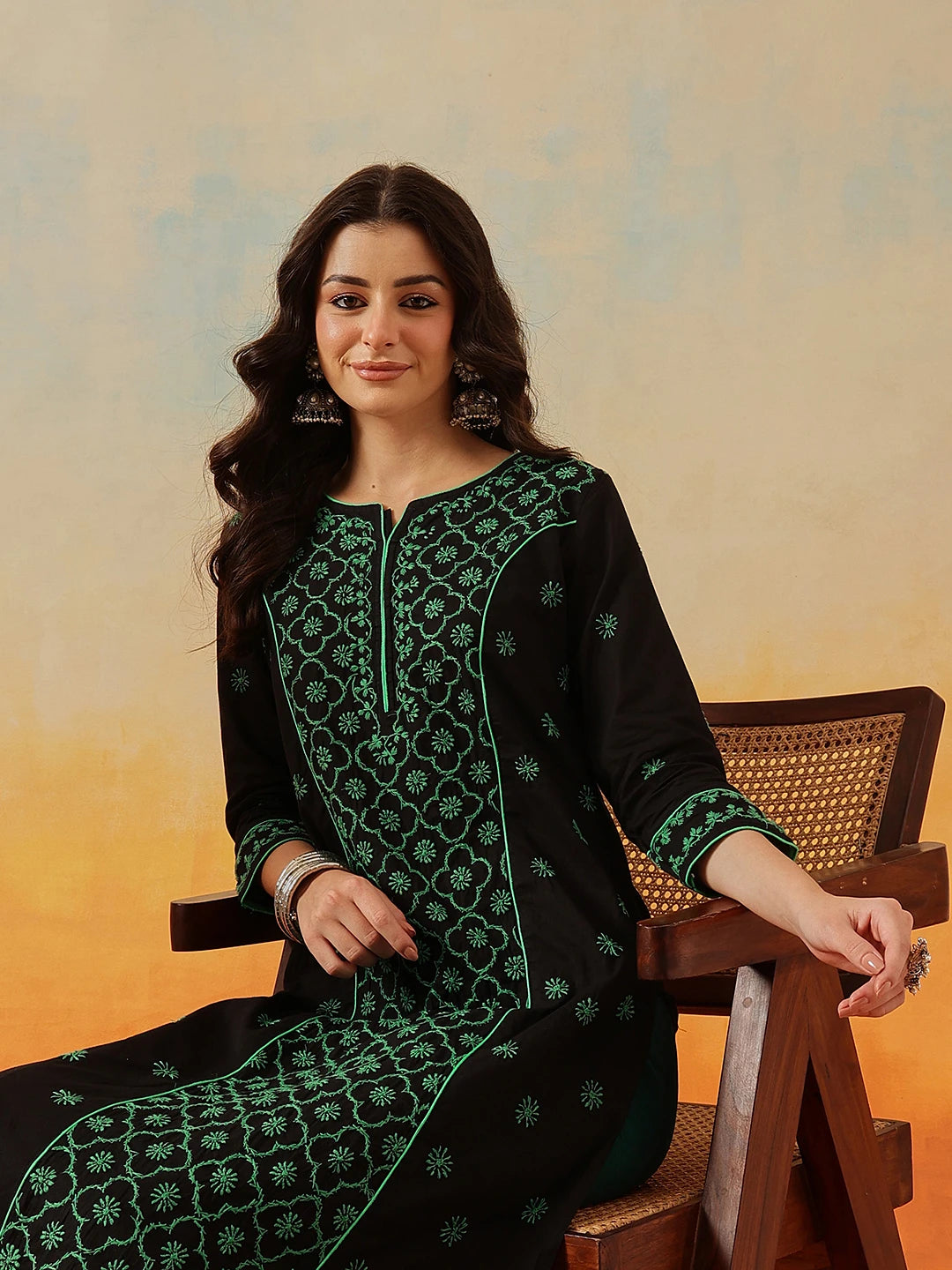 Ada Hand Embroidered Black Cotton Lucknowi Chikankari Straight Kurta A411482