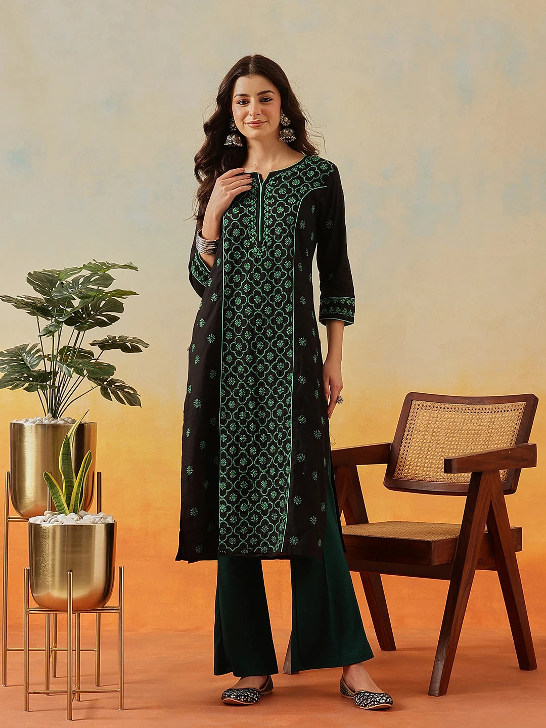 Ada Hand Embroidered Black Cotton Lucknowi Chikankari Straight Kurta A411482