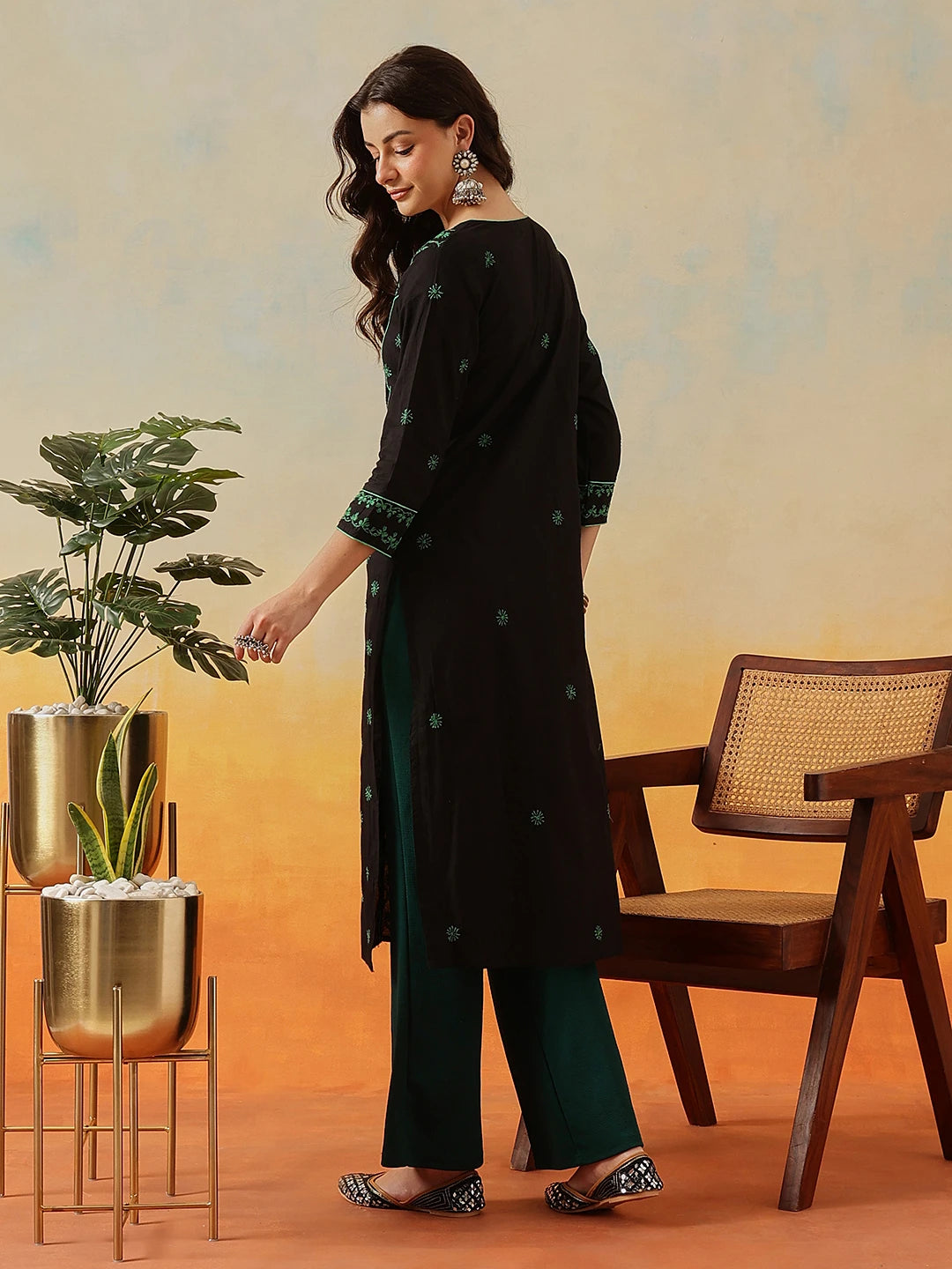 Ada Hand Embroidered Black Cotton Lucknowi Chikankari Straight Kurta A411482