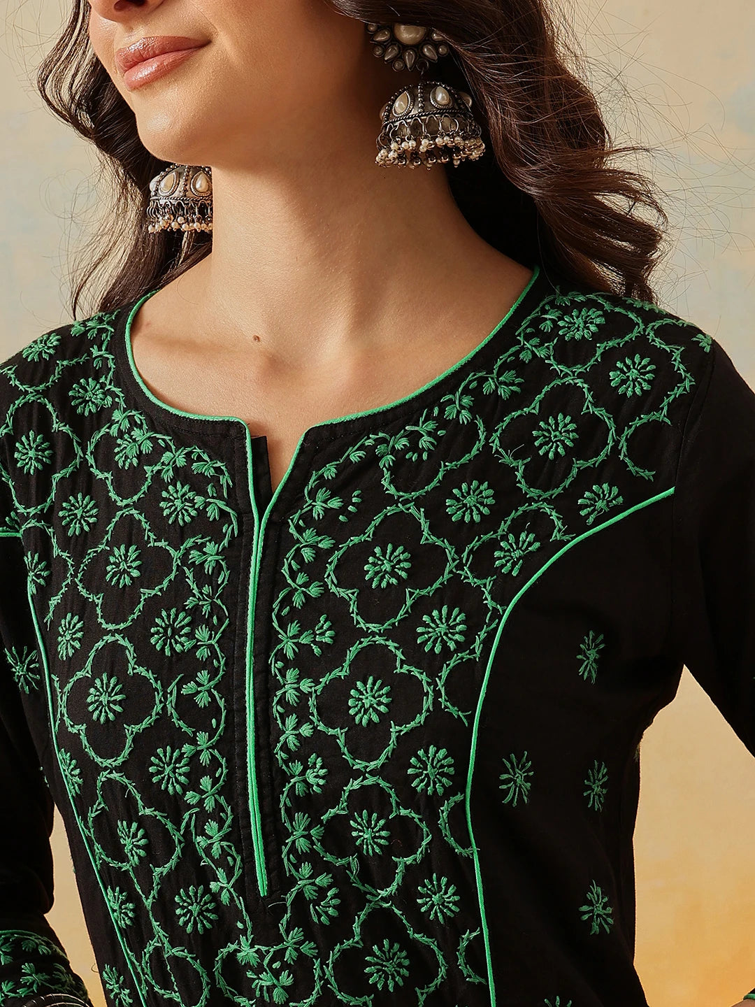 Ada Hand Embroidered Black Cotton Lucknowi Chikankari Straight Kurta A411482