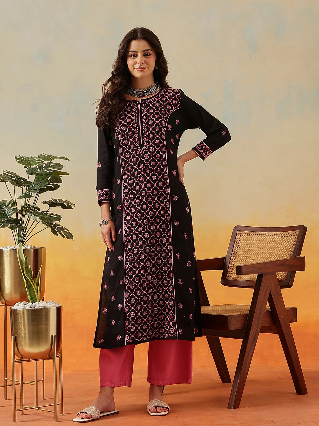 Ada Hand Embroidered Black Cotton Lucknowi Chikankari Straight Long Kurta A411508